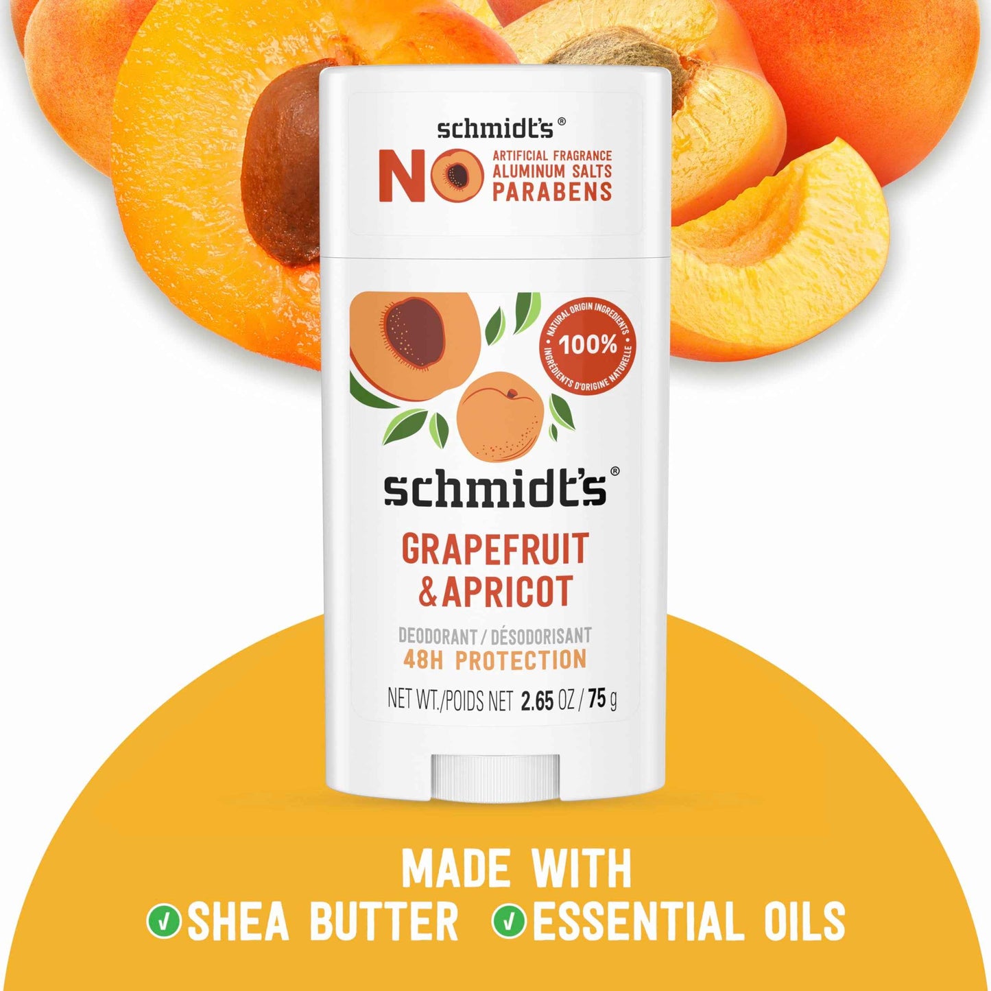 Schmidt's Aluminum-Free Vegan Deodorant Grapefruit & Apricot with 24-Hour Odor Protection, 2 Count for Women and Men, Natural Ingredients, Cruelty-Free 2.65 oz
