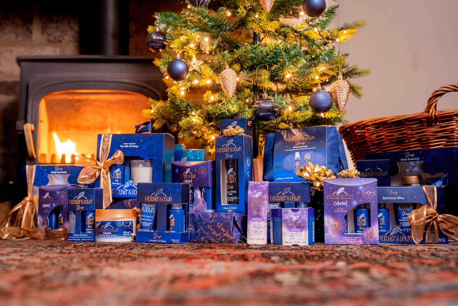 Feather & Down Sleeping Bag Gift Set: Luxury Eye Mask, Sleep Balm, Pillow Spray and Shower Cream, with Calming Lavender & Chamomile Essential Oils, Vegan & Cruelty Free