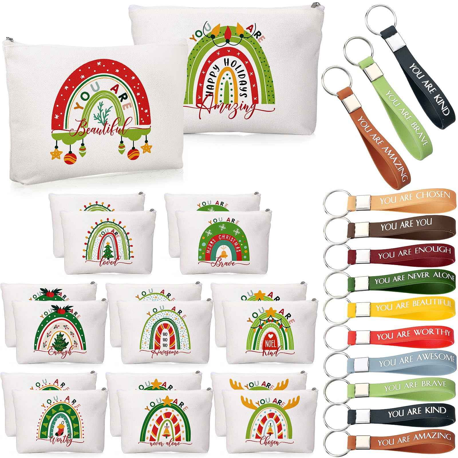 Fumete 40 Pcs Christmas Inspirational Gifts for Women 20 Rainbow Canvas Makeup Bags 20 Inspirational Keychains for Staff Team Hr Vet Tech