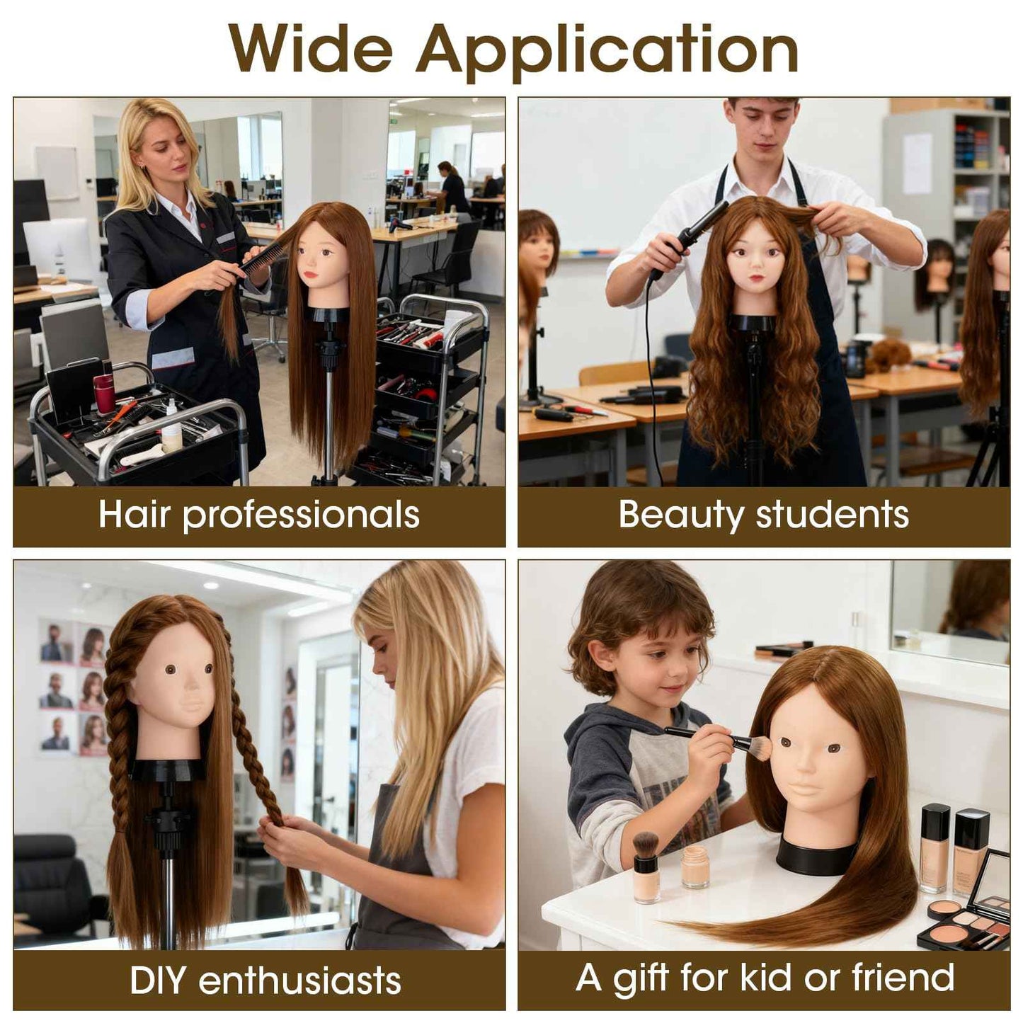 Mannequin Head with 80% Human Hair, TopDirect 24" Brown Real Hair Cosmetology Mannequin Head Hair Styling Hairdressing Practice Training Doll Heads with Clamp Holder and Tools