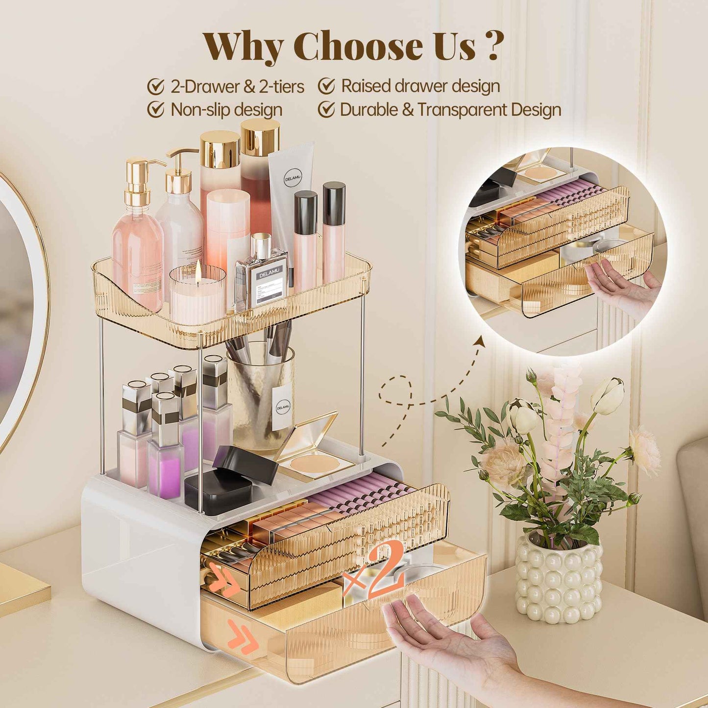 Delamu Bathroom Counter Organizer 2-Drawers 2-Tier Acrylic Makeup Organizer for Vanity Countertop, Skincare Perfume Storage, Easy Assembly, Ideal for Women, Bath Linen Sets, Amber