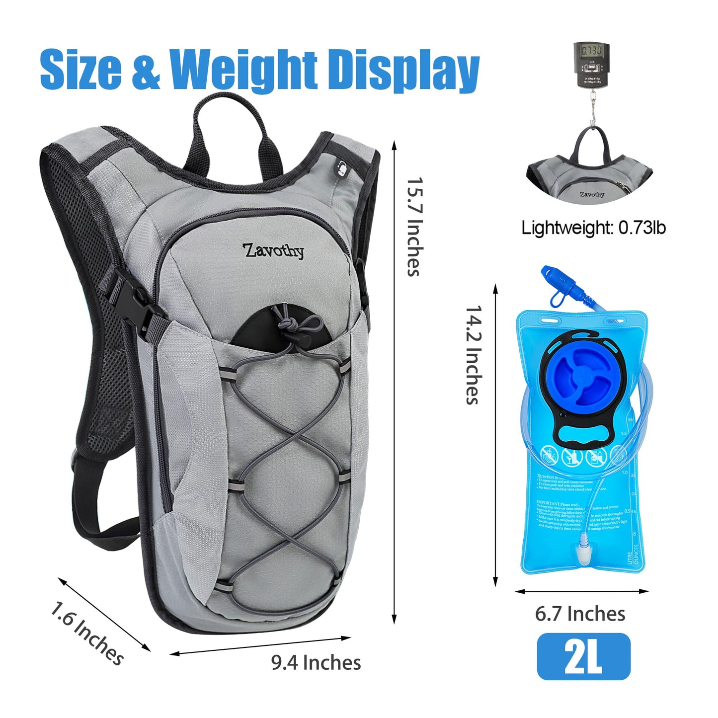 Zavothy Lightweight Hydration Backpack with 2L Water Bladder Water Backpack for Hiking Gear Hydration Pack for Cycling Running Biking Hiking Backpack Gray