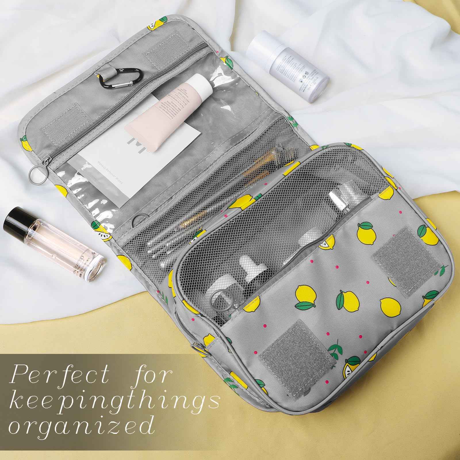LAKIBOLE Travel Essentials Organizer Bag for Women Toiletry Bag Hanging Multifunction Cosmetic Bag Portable Makeup Pouch Waterproof (Grey & Lemon)