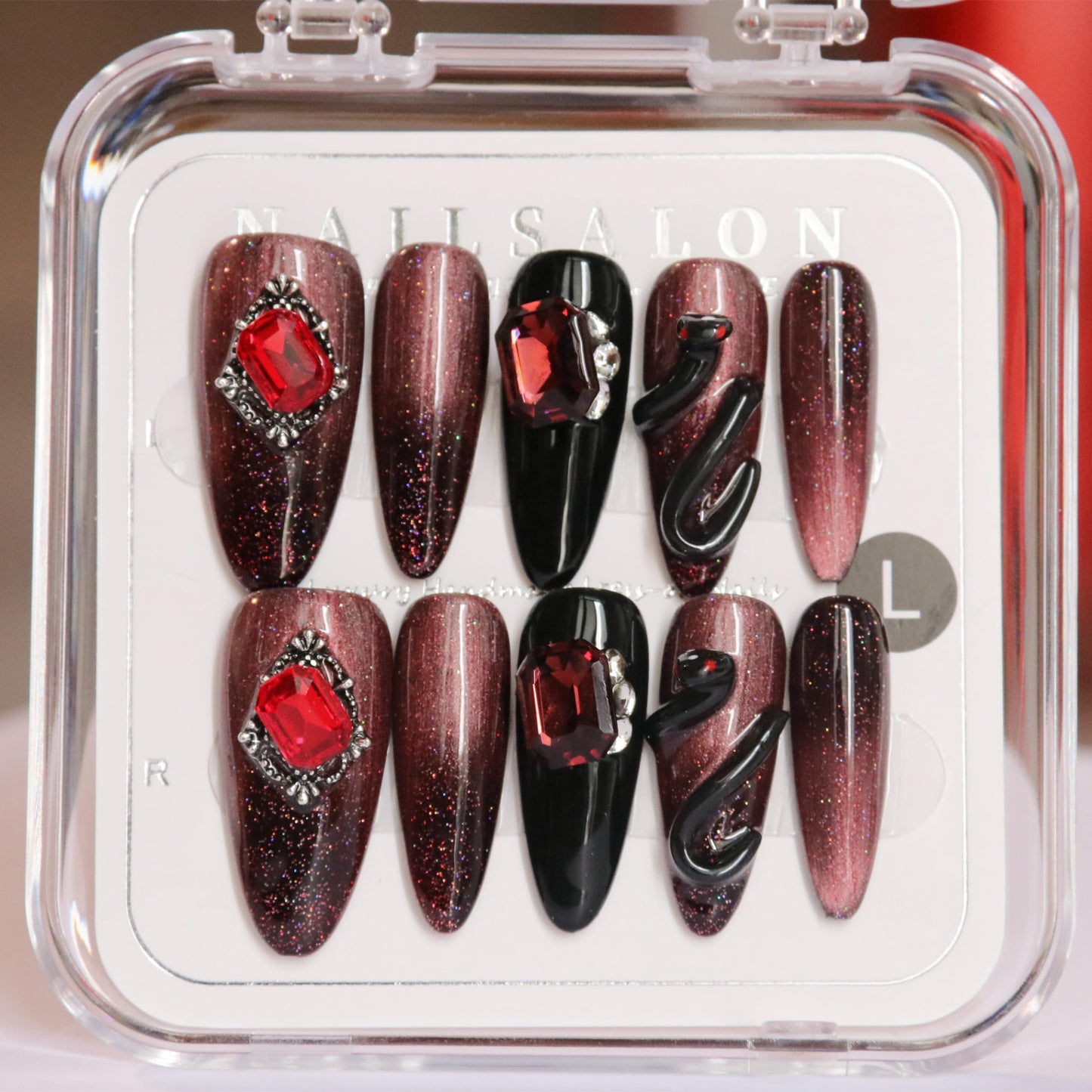 CAMILCY Handmade Nails Press on Almond Shaped Black and Red Snake Design Hand Painted Reusable Gel UV Finished Pre Shaped False Nails for Women 10Pcs 3D Handmade Nails (A002 L)