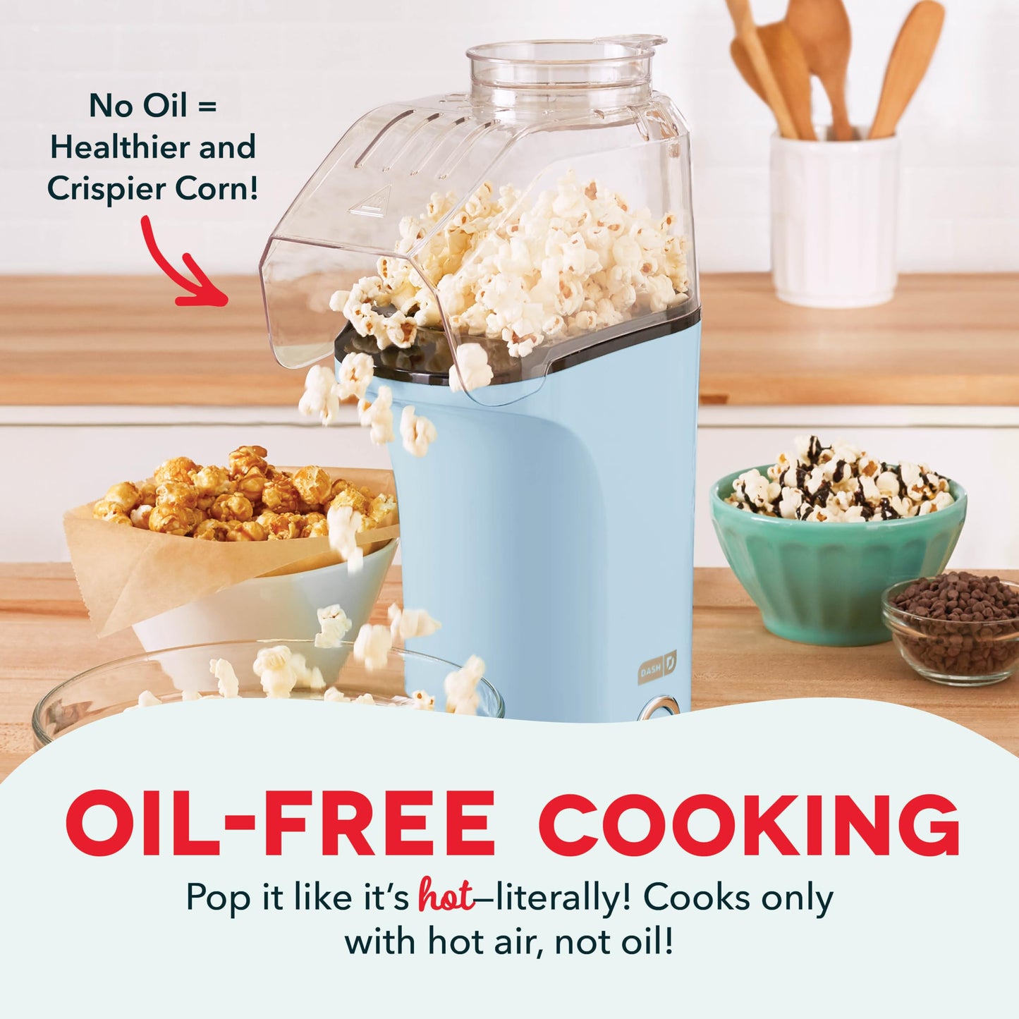 DASH Hot Air Popcorn Popper Maker with Measuring Cup to Portion Popping Corn Kernels + Melt Butter, 16 Cups - Dream Blue