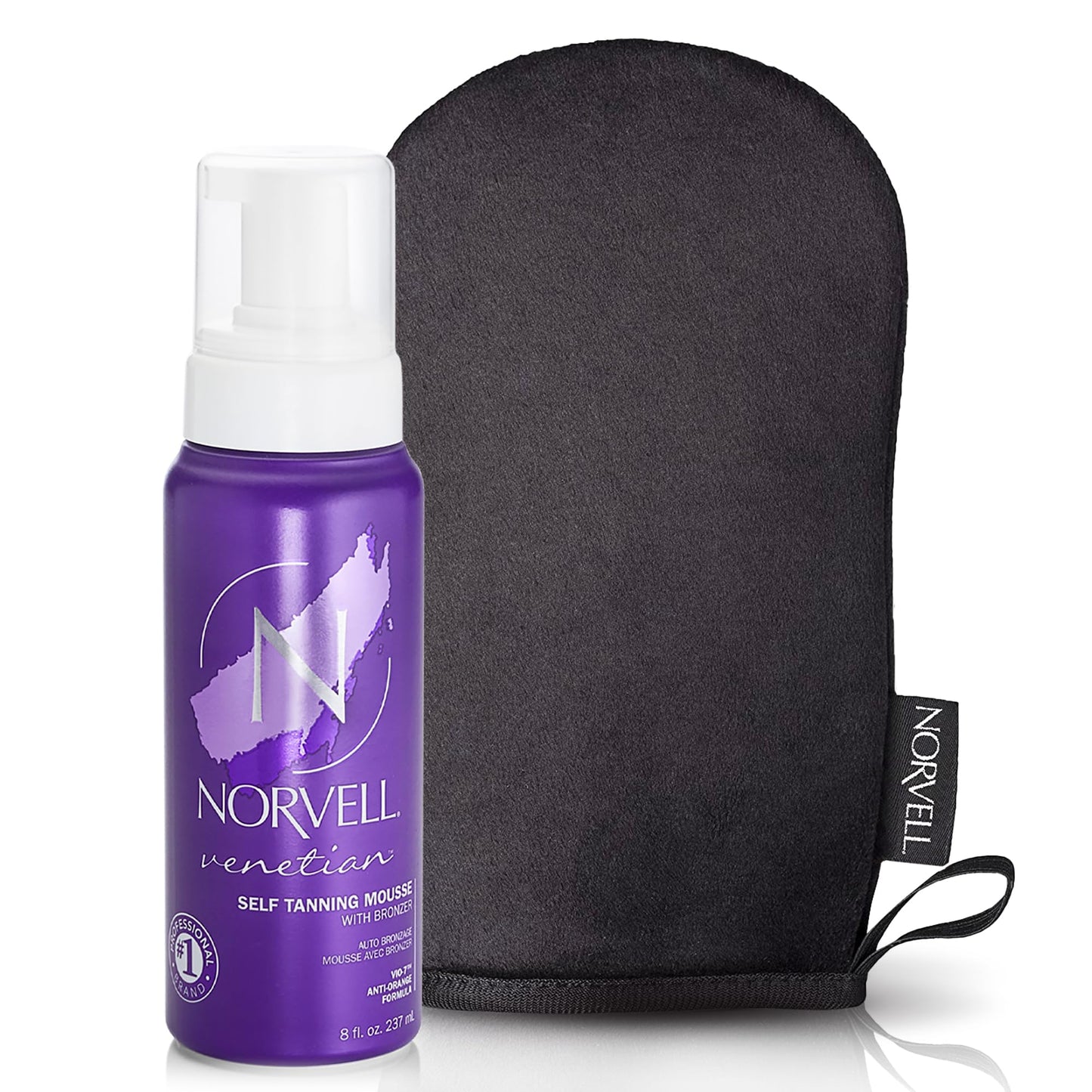 Norvell Sunless Self Tanning Bundle - Venetian Self Tanner Mousse with Bronzer, 8 Fl Oz + Streak-Free Tan Applicator Mitt - Premium Natural Looking Self Tanning Foam and Washable Self Tan Mitt