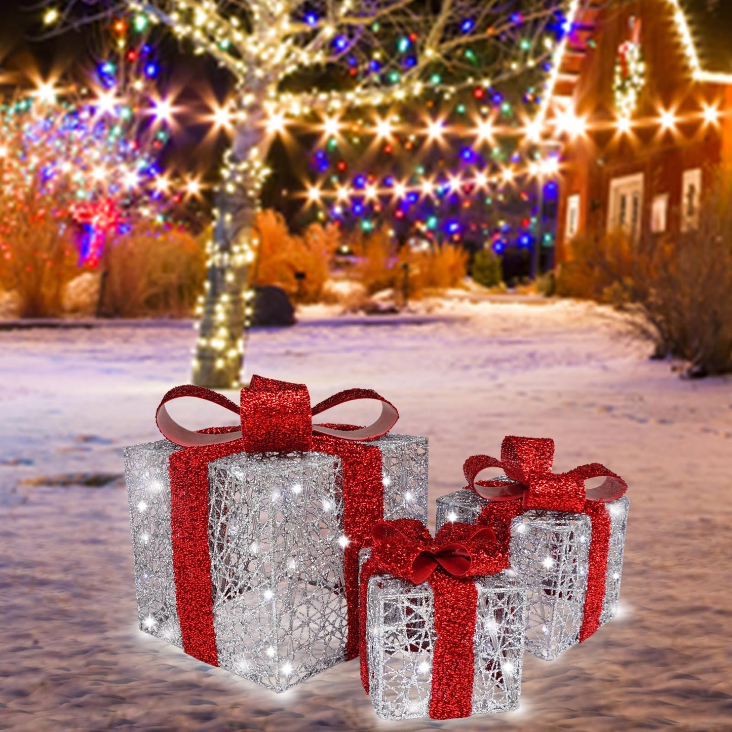 Lighted Gift Box Set of 3, Silver Boxes with Red Bow, Prelit 60 White Lights Present Boxes Lighted Display with Plug Home Porch Outdoor Yard Christmas Decorations-Red