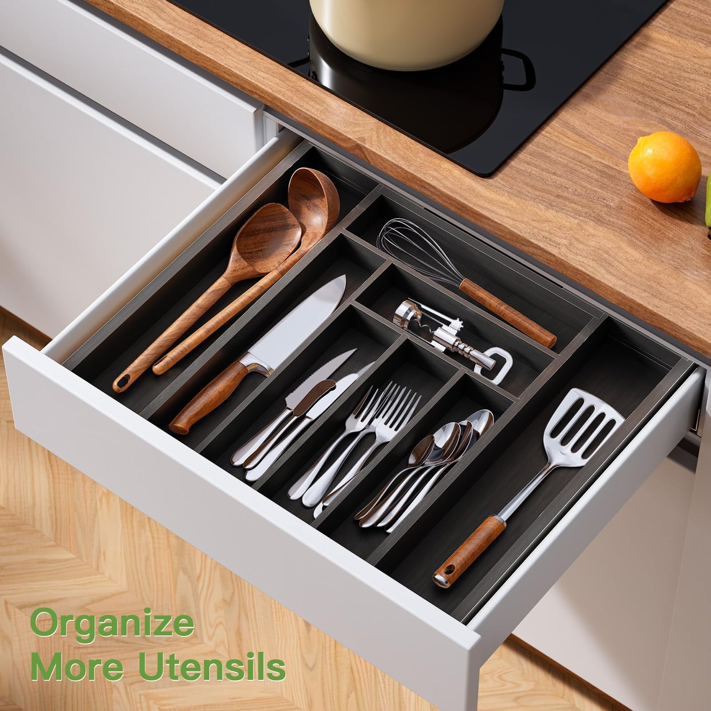 Pipishell Bamboo Expandable Drawer Organizer for Utensils Holder, Adjustable Cutlery Tray, Wood Drawer Dividers Organizer for Silverware, Flatware, Knives in Kitchen, Bedroom, Living Room (Black)