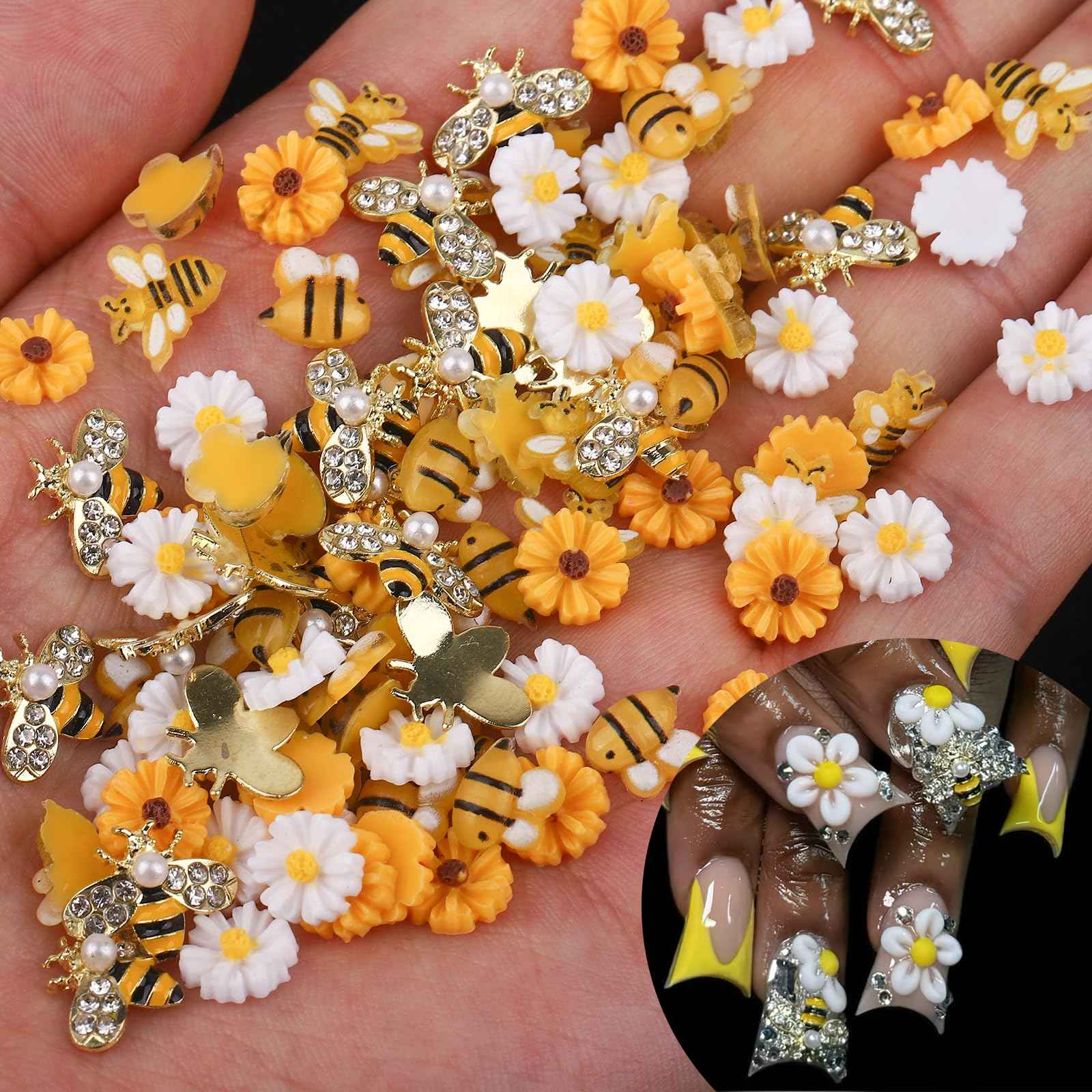 ROFIBUT Tiny Bee Nail Art Charms Resin Cartoon Daisy Flower Nail Gems 3D Gold Alloy Bees Jewelry Charms for Nails, Spring Summer Daisy Sunflower Nail Rhinestones for Women DIY Nail Decoration 60Pcs