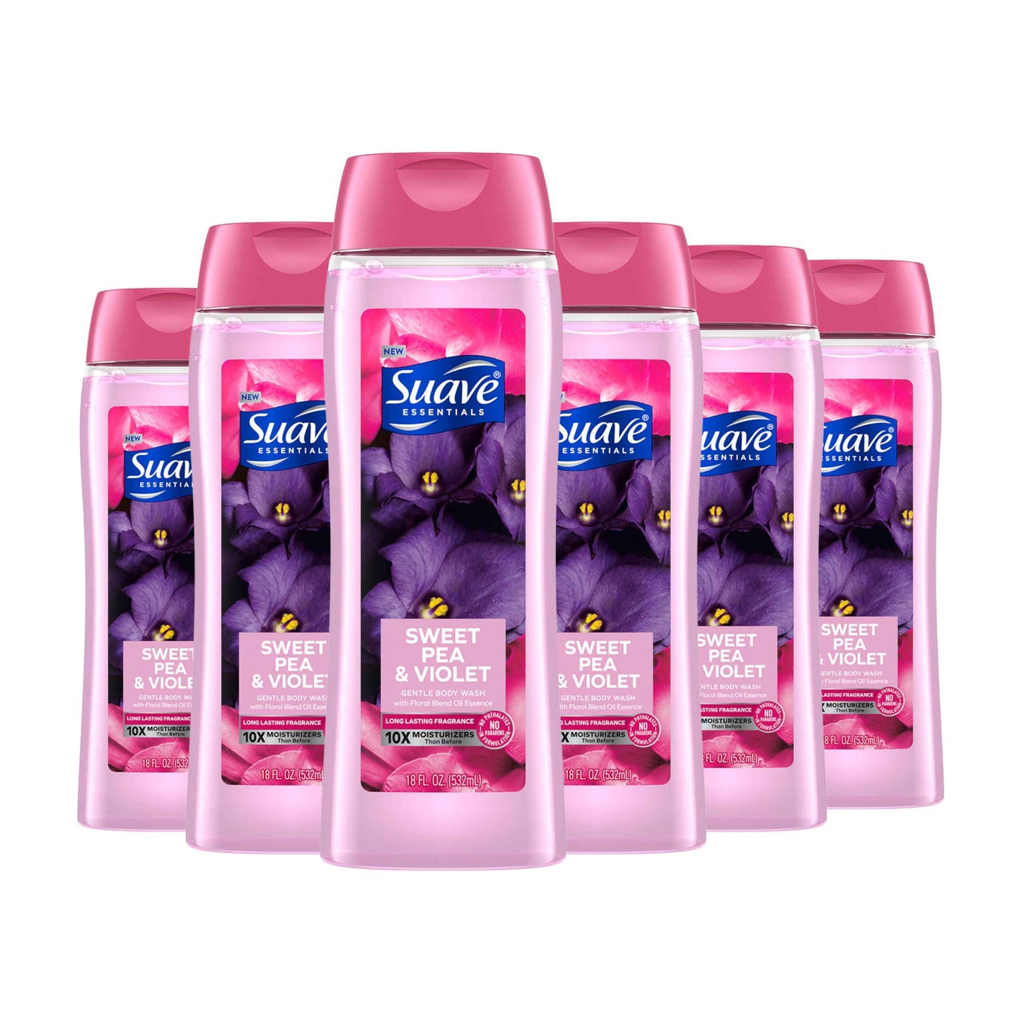 Suave Moisturizing Body Wash, with Sweet Pea Violet and Vitamin E Extract, No Parabens, No Phtahaltes, 18 Oz Pack of 6