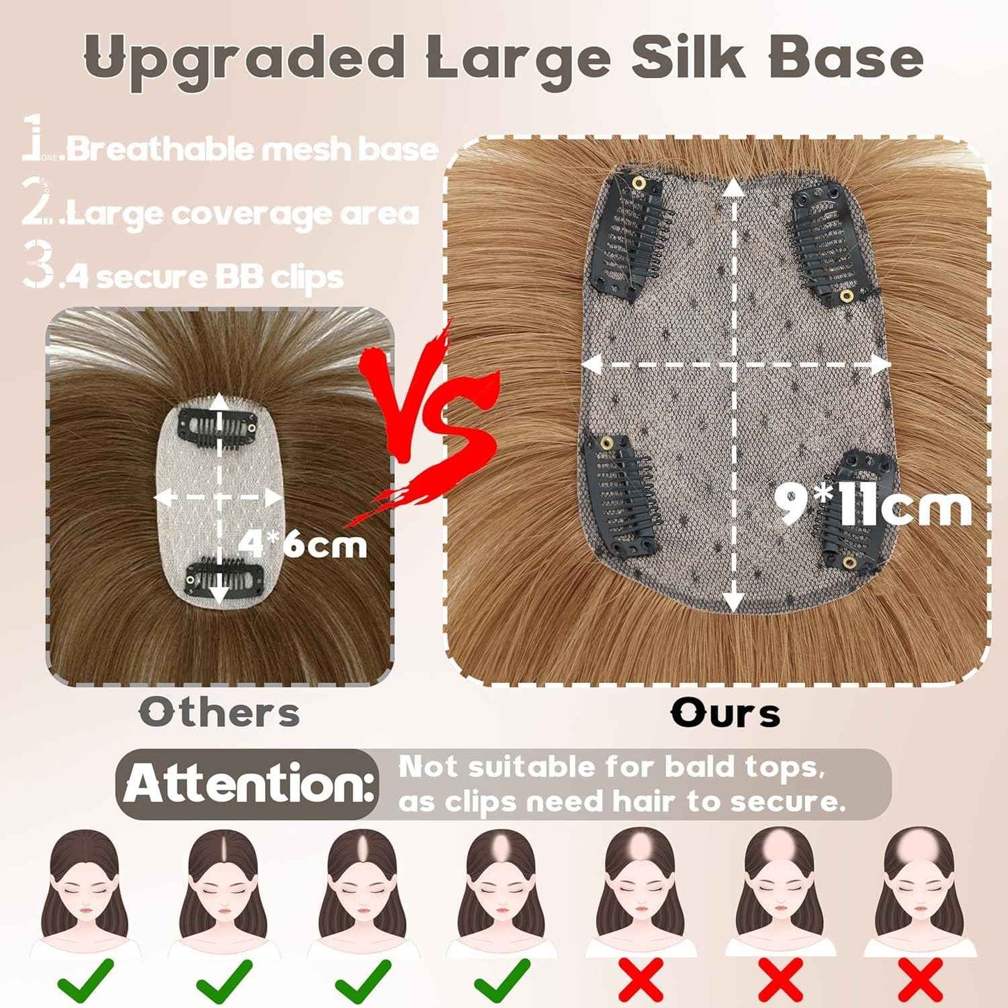 BUPPLER Hair Toppers for Women Real Human Hair-U Shape Toppers Hair Pieces for Women with Thinning Hairr 150% Density Silk Base Clip in Human Topper with Bangs for Daily Use(Light Brown-6#