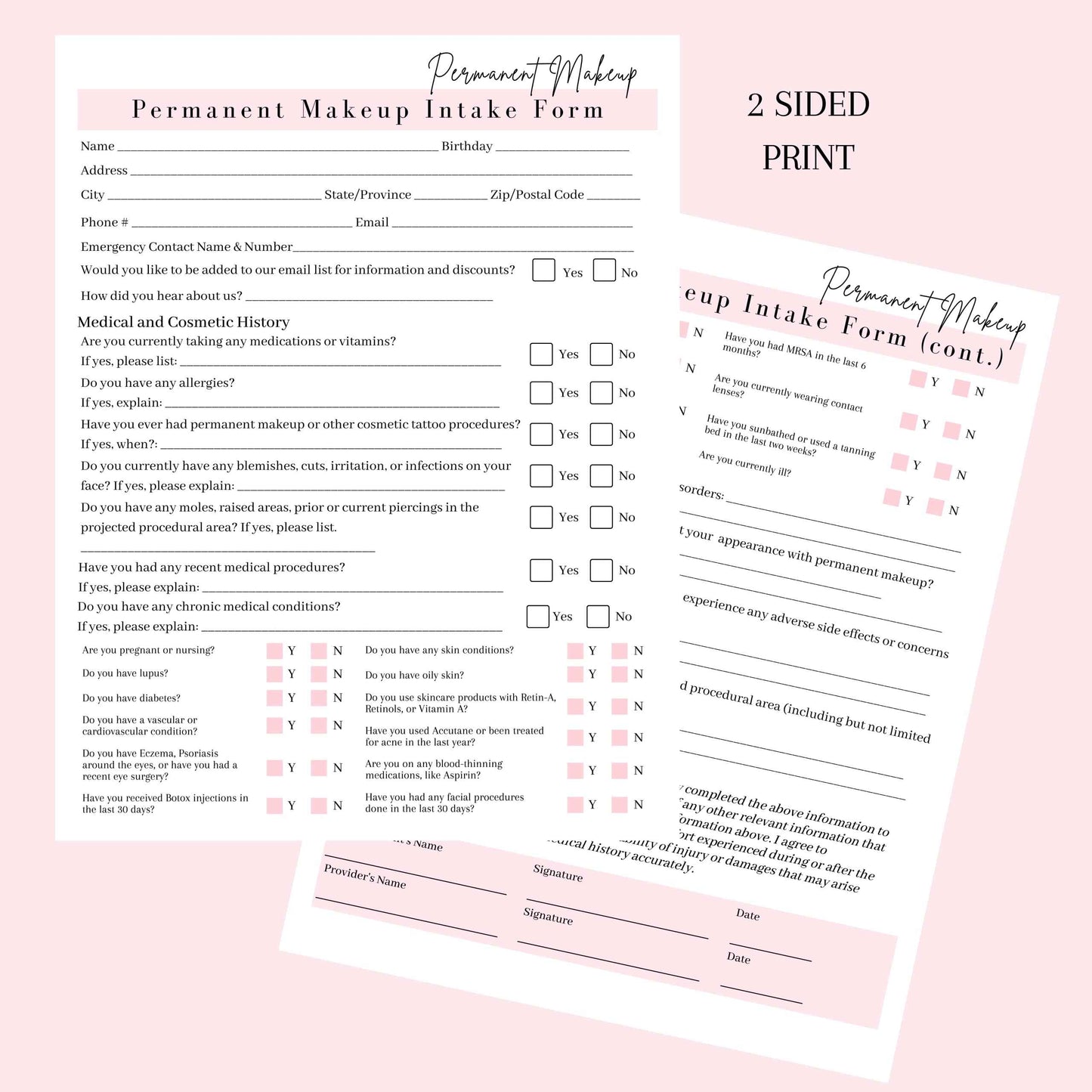 Permanent Makeup Intake, Consent, and Aftercare Form | 75 Pack | 8.5 x 11" A1 Forms | Clients Signature | for Providers Using Permanent Makeup Pigment for PMU | White and Pink Design