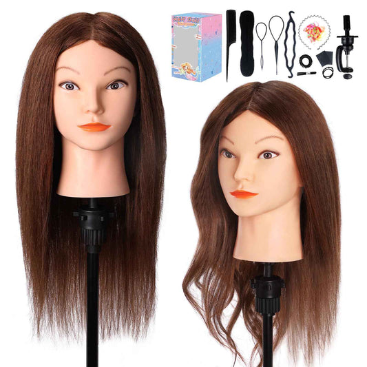 Mannequin Head with 100% Real Hair, Cenoz 18" Hairdresser Cosmetology Training Head with Stand and Tool, Manikin Training Practice Head, Doll Head for Hair Styling （Dark brown）