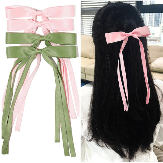 VULETO 4 Pcs Hair Bows Clips Tassel Ribbon Bows for Hair Satin Bow Hair Clip Bowknot Barrettes Hair Accessories for Women Girls Green Pink