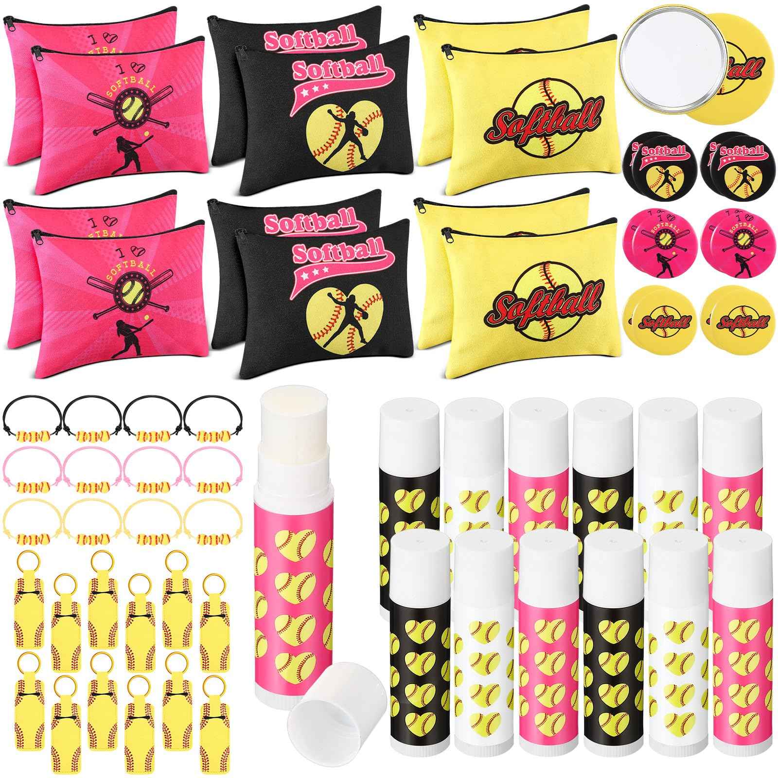 Yeyeplum 60 Pcs Softball Team Gifts for Girls Include 12 Softball Makeup Bags 12 Lip Balm 12 Makeup Mirrors 12 Lipstick Holder Keychains 12 Adjustable Bracelet for Sports Lovers