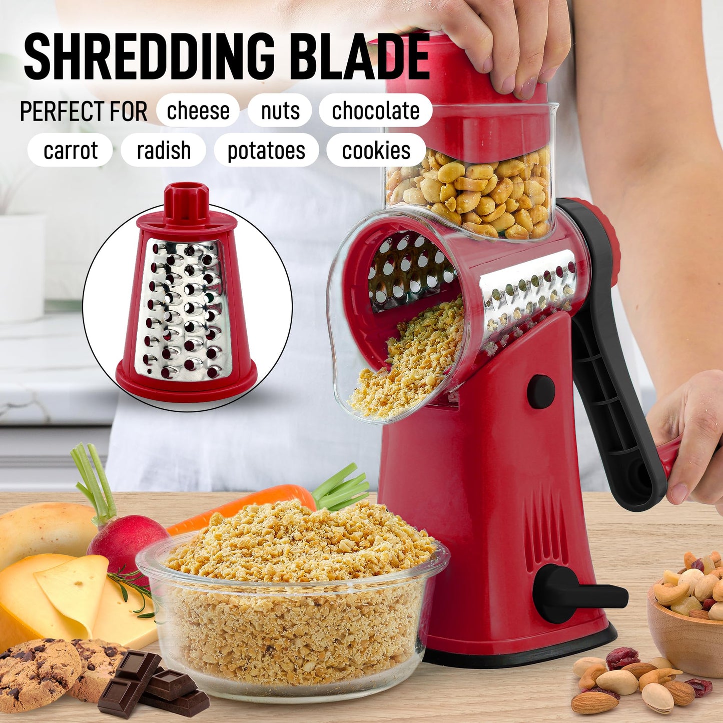 Zulay Rotary Cheese Grater 5 Blade Cheese Shredder - Manual Hand Crank Cheese Grater With Reinforced Suction & 5 Interchangeable Drums - Easy to Use Vegetable Chopper - Deep Maroon