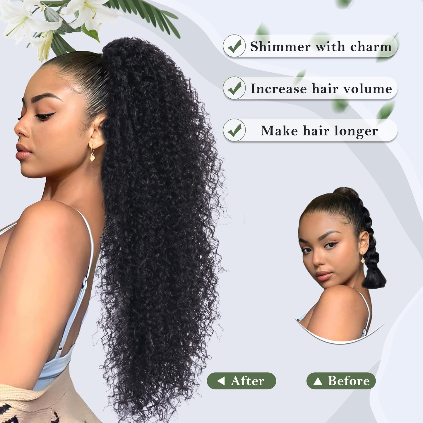 Alebery 27 Inch Drawstring Ponytail Extension for Black Women Deep Curly Ponytail Extension Synthetic Mixed with Human Hair Hairpieces Afro Kinky Curly Pony Tail for Daily Use (Black)