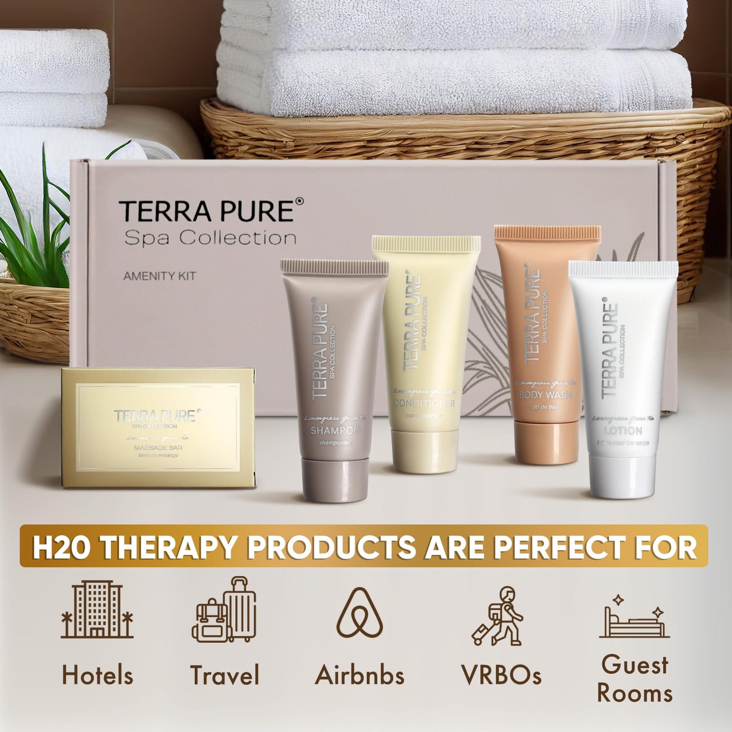 Terra Pure Spa Collection Amenity Kit | Hotel Toiletries | Bulk Set 0.85 oz Travel Size Shampoo,Conditioner, Lotion,Body Wash & Massage Bar for Guest Hospitality AirBnB/Vacation Rentals | 60 sets/case