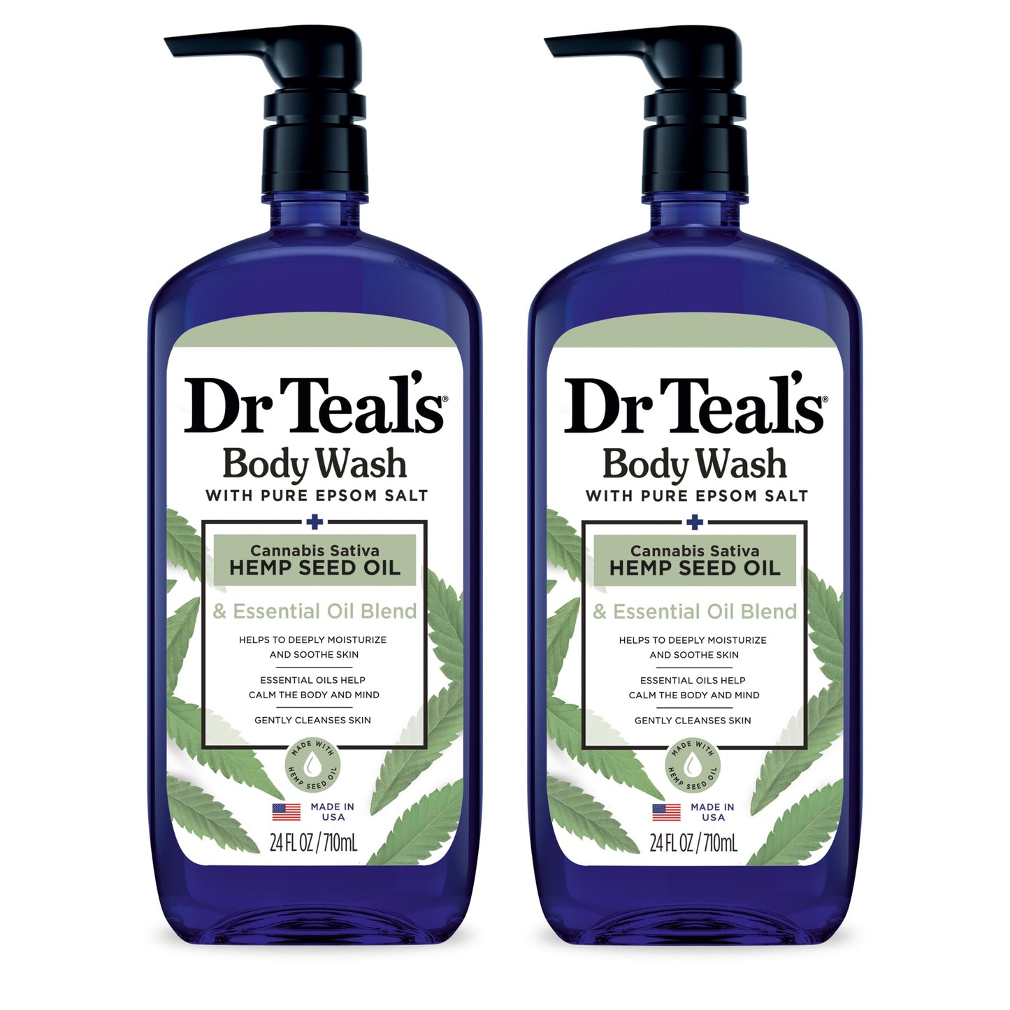 Dr Teal's Body Wash with Pure Epsom Salt, Cannabis Sativa Hemp Seed Oil, 24 fl oz (Pack of 2) (Packaging May Vary)