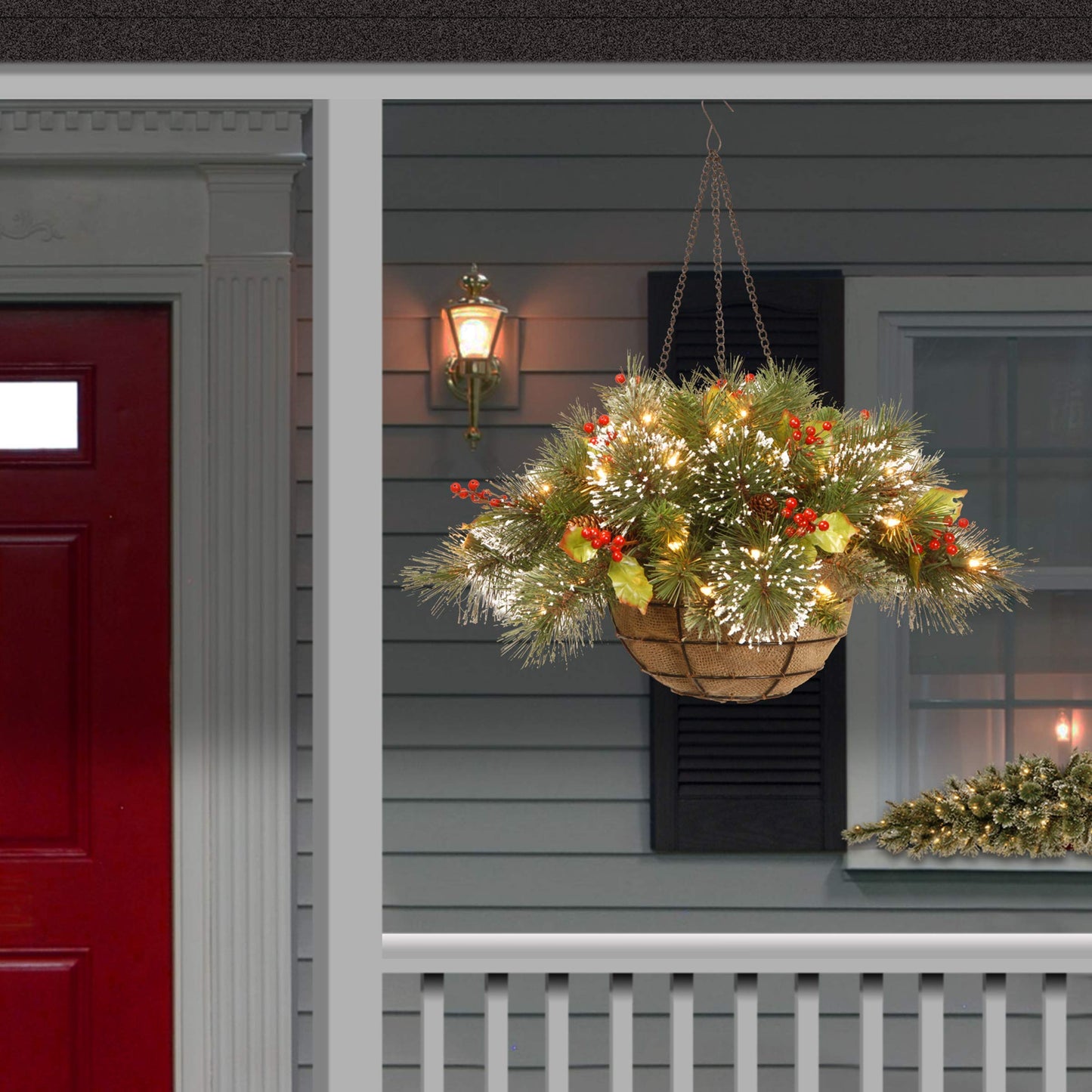 National Tree Company Pre-Lit Artificial Christmas Hanging Basket, Wintry Pine, Decorated With Frosted Pine Cones, Berry Clusters, White Lights, Christmas Collection, 20 Inches