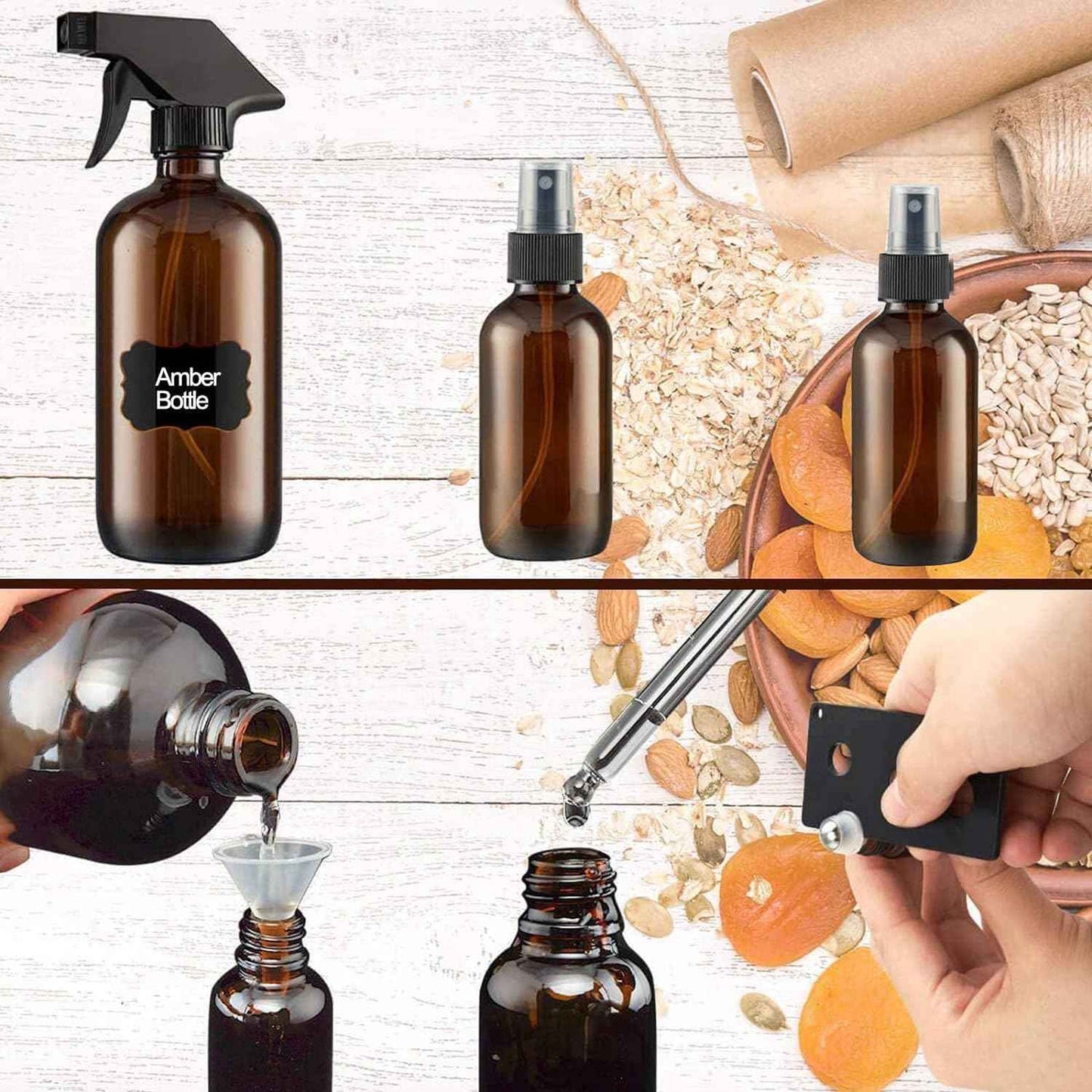 QINGYA 14 Pack amber glass bottle Set,Empty Refillable Essential Oil Bottle,Multi Size and Versatile(16oz x2,8oz x2,4oz x2,2oz x2) with Labels