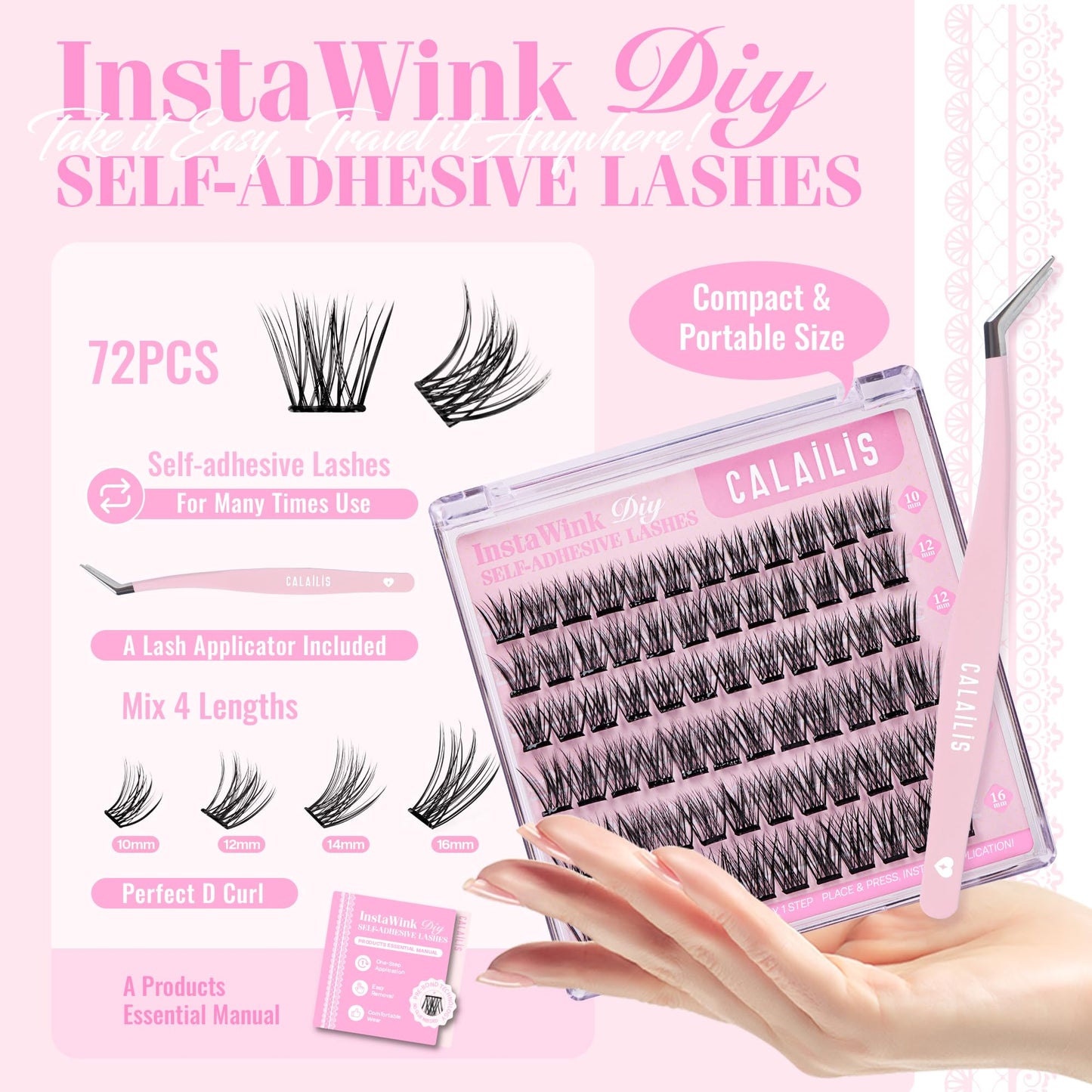 CALAILIS Self Adhesive Eyelashes 72Pcs Lash Clusters Press On Lashes, No Glue Needed Reusable DIY Eyelash Extensions Kit Pre Glued Eyelash Clusters with Lash Tweezers(Z08,D-10-16mix)