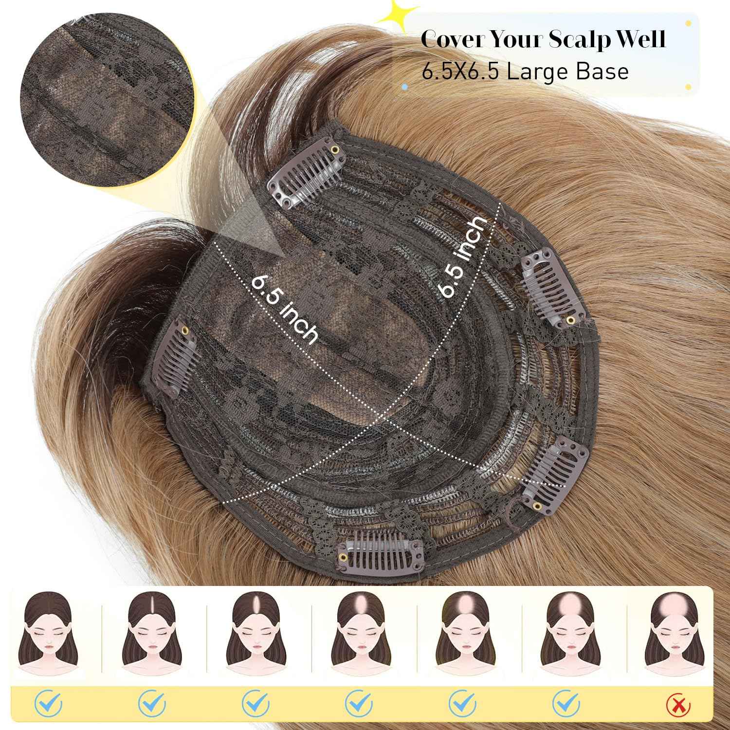 PANEWAY Hair Topper With Bangs Straight 18inch Toppers 6.5“ ×6.5” Base Premium Synthetic Hair Pieces For Women-Light Brown with Dark Root