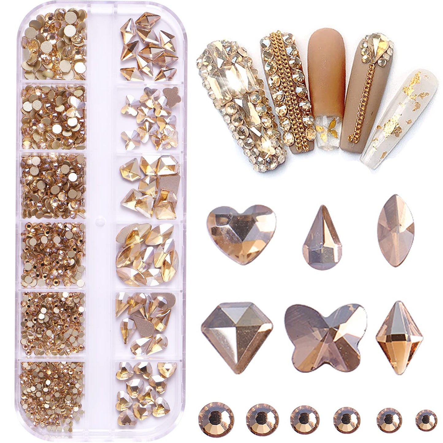 BELICEY Nail Rhinestones Kit 800PCS Multi-Shape Gold Rhinestones for Nail Crystals Decoration Nail Hearts Butterfly Charm Nail Dimond Gems Stone for Nail Art Jewels DIY Crafts Clothing