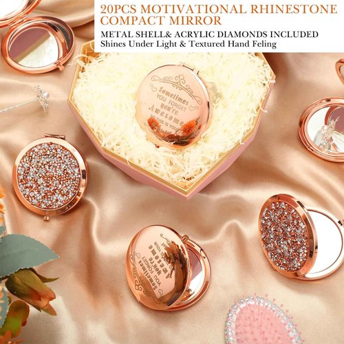 Cindeer 20 Pcs Small Compact Mirror Folding Pocket Makeup Round Hand Held Cosmetic Magnifying Compact Rhinestone Mirror with 1X/2X Magnification for Women Girls Travel (Gold Style)