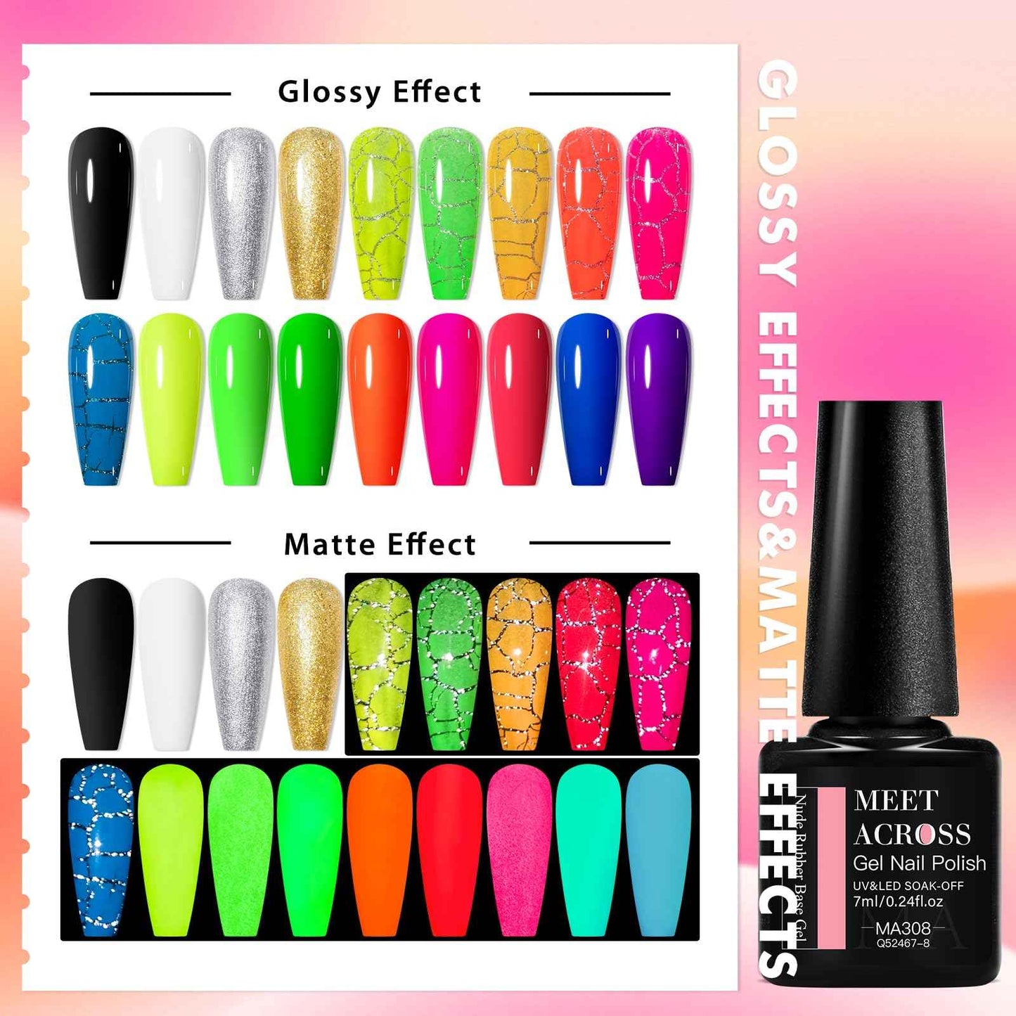 MEET ACROSS Neon Crackle Gel Nail Polish With Black White Sliver Glod Gel+ Glow in the Dark Gel Polish Kit 18Pcs*7ml