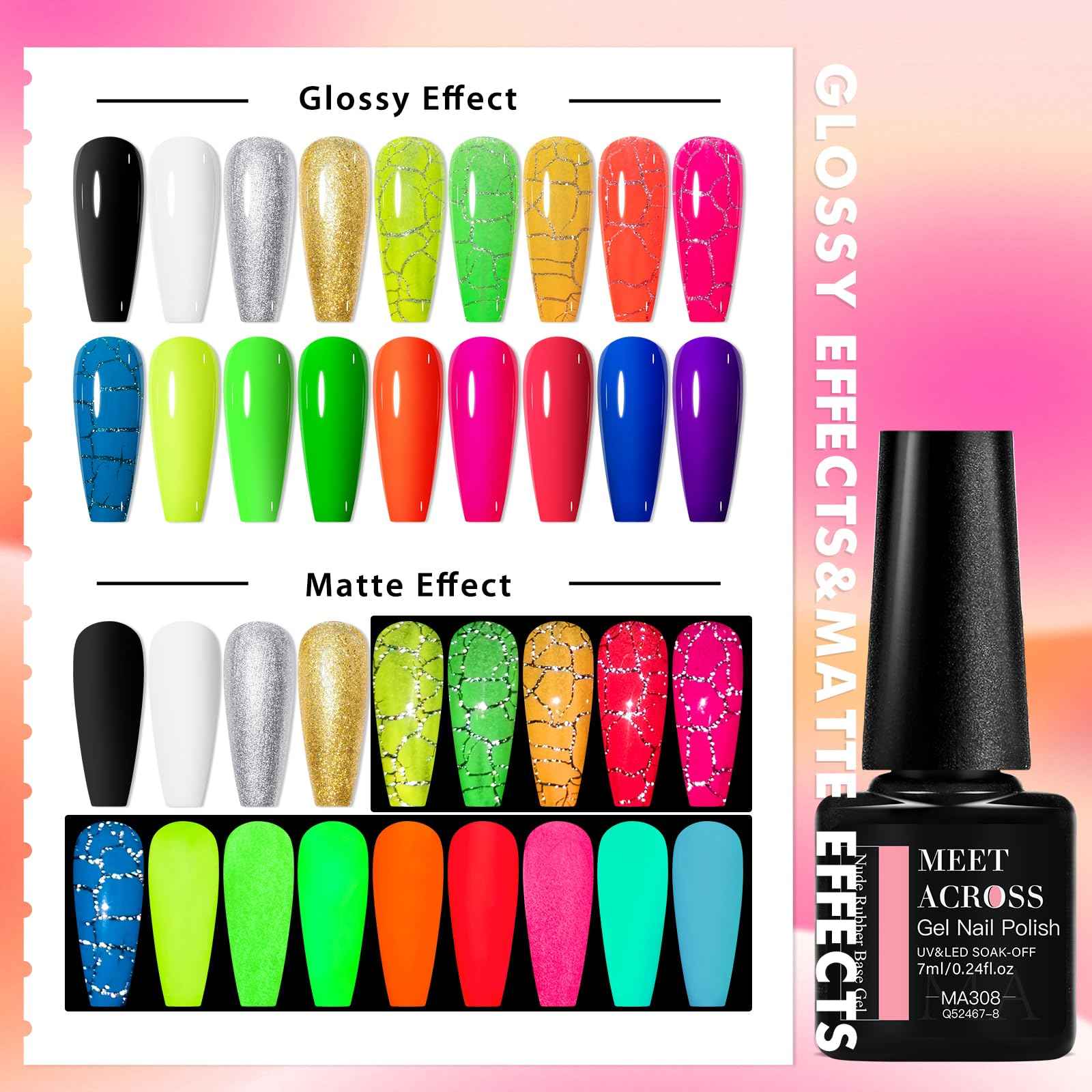 MEET ACROSS Neon Crackle Gel Nail Polish With Black White Sliver Glod Gel+ Glow in the Dark Gel Polish Kit 18Pcs*7ml