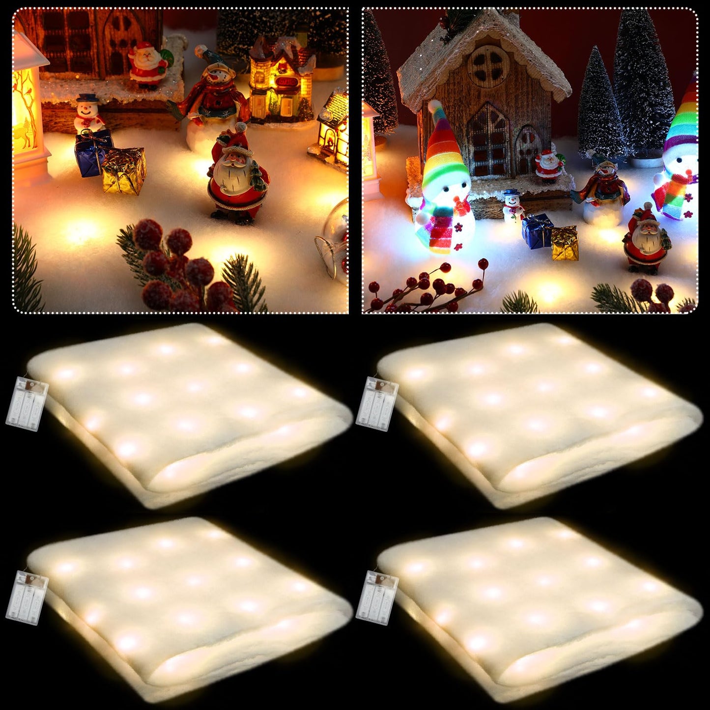 Kittmip 4 Pcs Pre Lit Christmas Snow Blanket with LED Lights Holiday Lighted Table Runner Christmas Village Accessories LED Fake Snow Decoration for Village Display, 59 x 16 (Yellow)