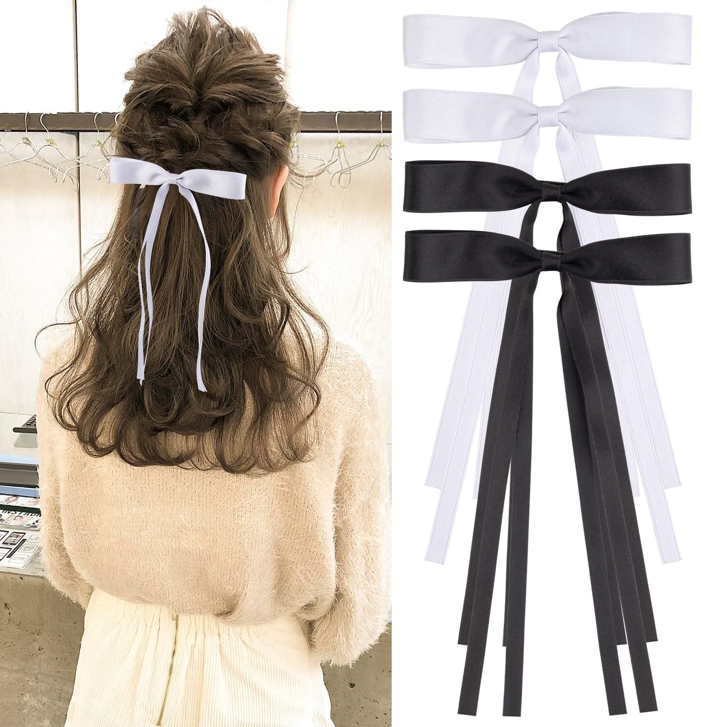 4Pcs Hair Bows for Women Tassel Ribbon Bow Hair Clips Silky Satin Bow Barrettes Hair with Long Tai Ribbons Bows Clips for Ponytail Holder Cute Bows Hair Accessories for Women Girls Teens (Black,White)