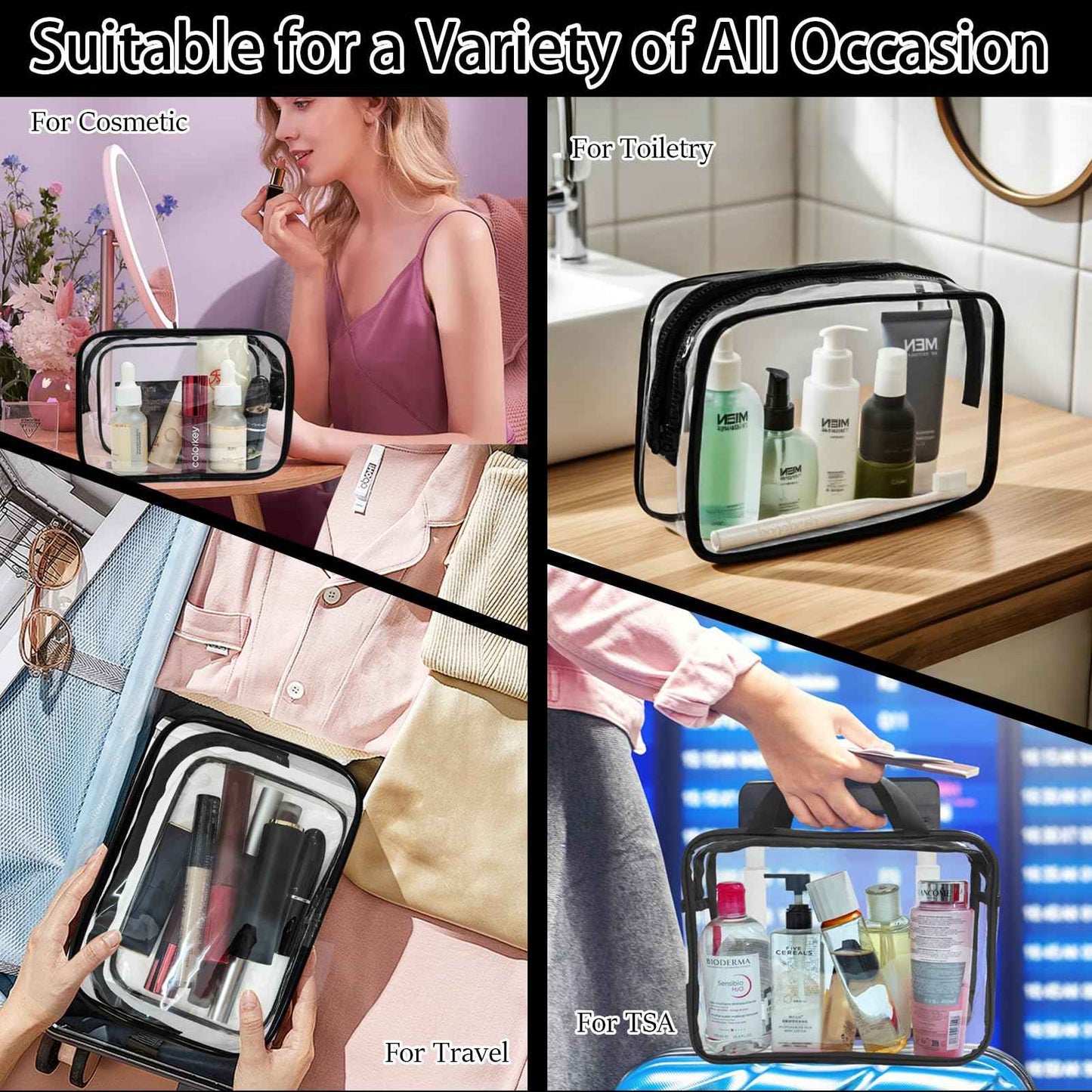 YOQIVEXU 4 Packs Large Clear Comestic Bag, Waterproof Clear Makeup Toiletry Organizer Pouch, Reusable PVC Plastic Storage Bags with Zipper for Travel (4, Black)