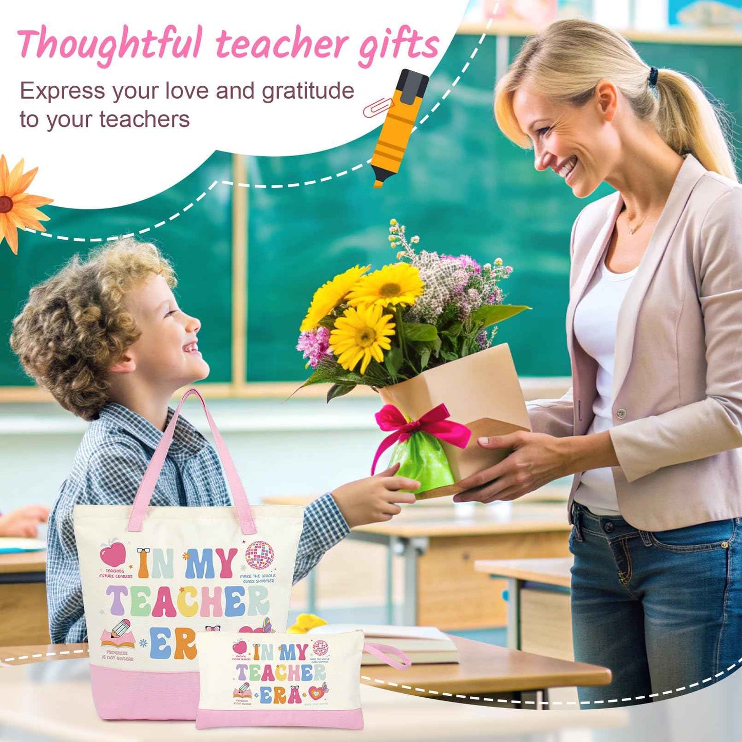 Aileam 2 Pcs Teacher Appreciation Gift Set Canvas Tote Bag Makeup Bag Thank You Teacher Gift Graduation Christmas Reusable Beach Shopping Pink