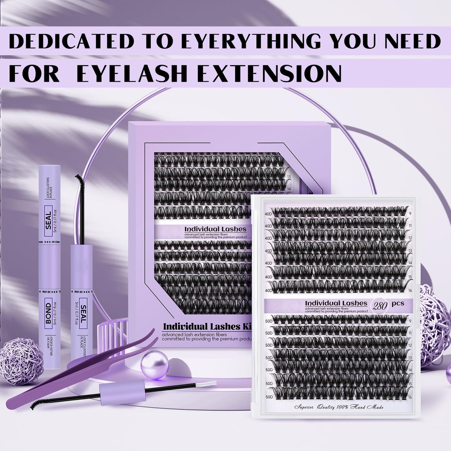 Lash Extension Kit for Beginners 280pcs Eyelash Extension Kit 40D 9-16 Mixed Lash Clusters Kit C Curl Lash Kit with Lash Bond and Seal Individual Lashes Kit DIY (KIT,40D-C-9-16MIX)