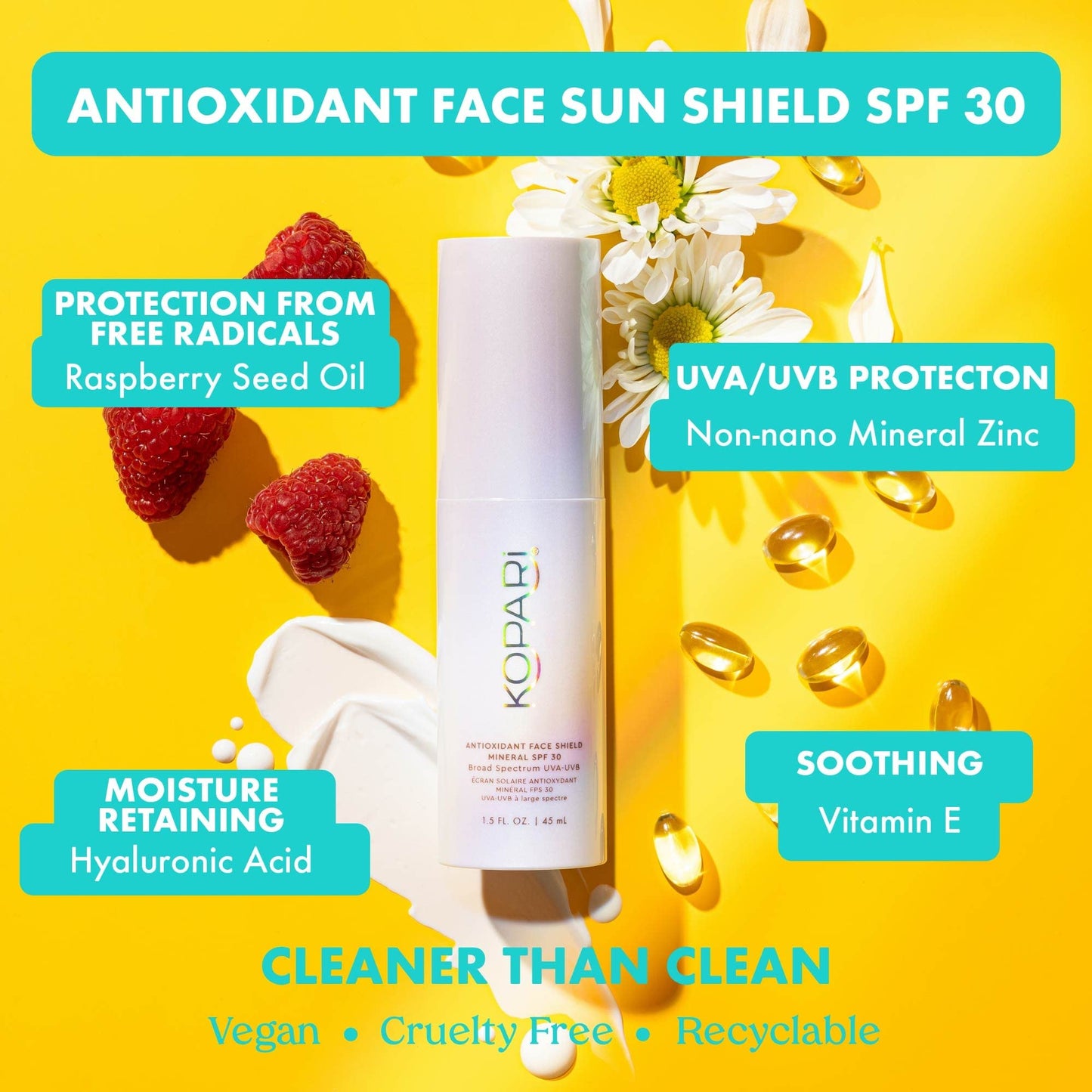 Kopari Antioxidant Face Shield Mineral SPF 30, Lightweight Sheer Texture With Dewy Finish, No White Cast with Moisturizing Hyaluronic Acid, 1.5 oz