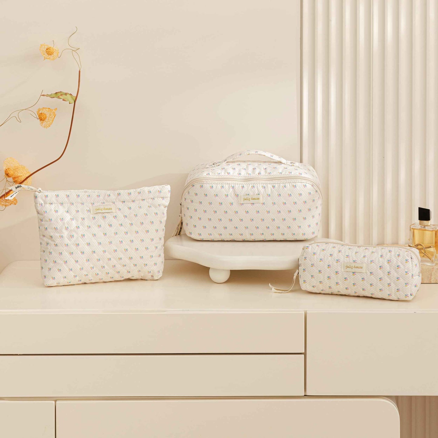 HBselect Quilted Makeup Bag, 3PCS Cotton Large Travel Makeup Bag, Cute Floral Coquette Make up Bag Cosmetic Bag Toiletry Bag for Women Girls