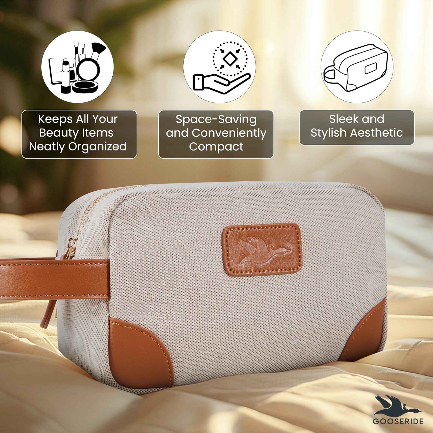 GOOSERIDE Small Makeup Bag for Women and Men - Cute Cosmetic Bag for Travel, Multipurpose Canvas Make up Pouch for Accessories, Mini Makeup Purse with Zipper and Internal Pockets for Toiletries - Sand