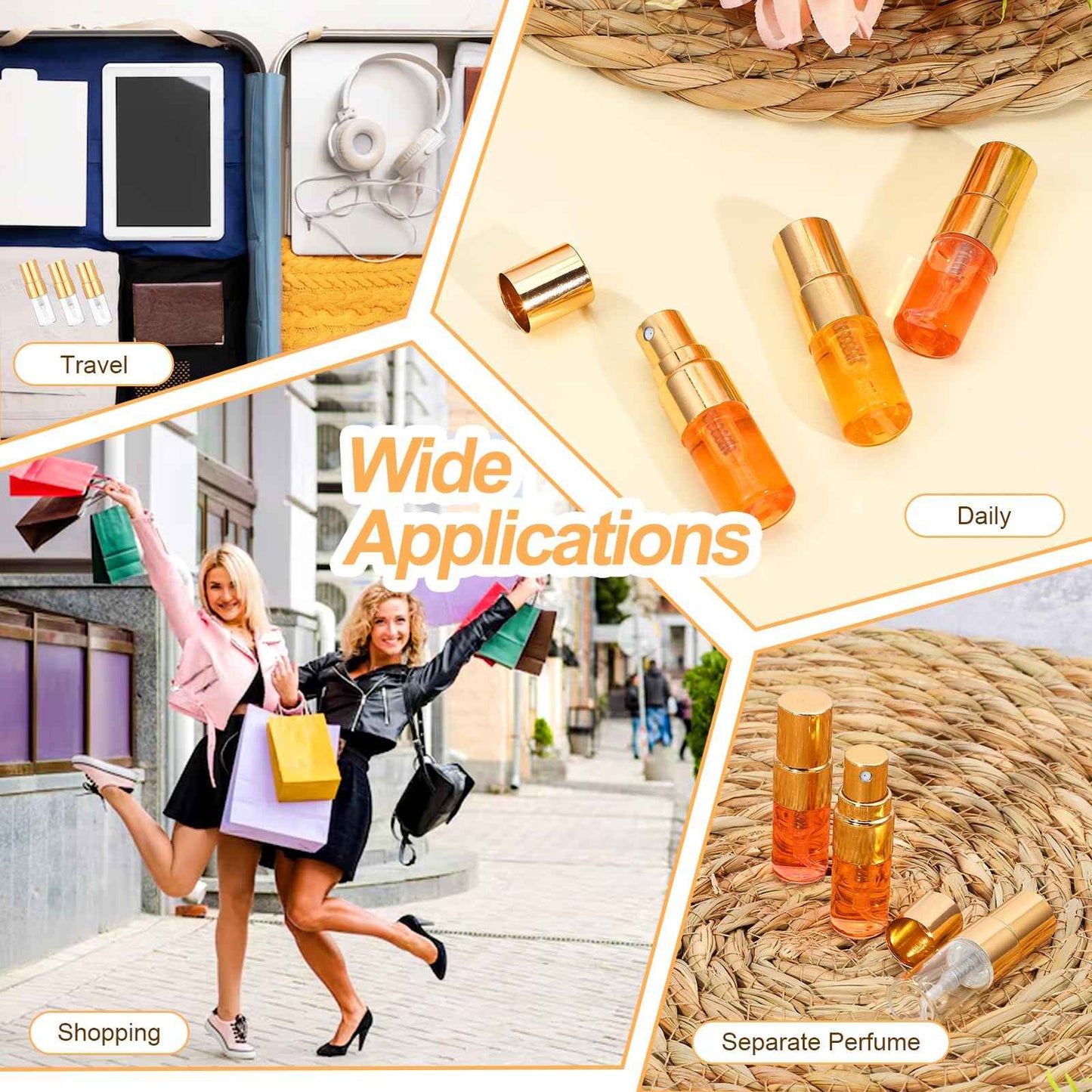 AojSup 50 Pcs Mini Spray Bottles, 2 ml Clear Glass Perfume Bottles, Refillable Fine Mist Perfume Atomizer, Portable Empty Sample Containers for Cleaning, Essential Oils, Travel (Gold Cap)