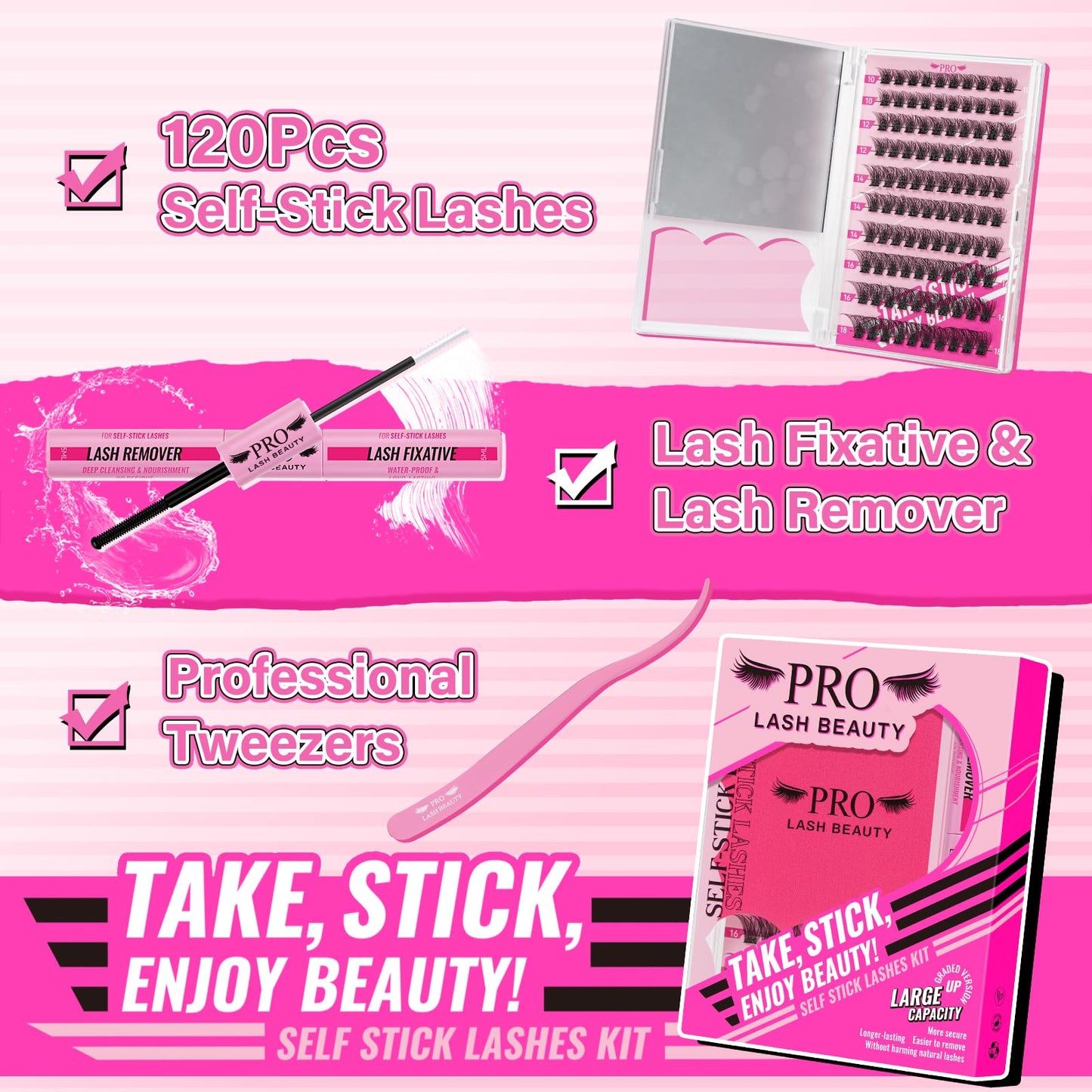 PRO Self Adhesive Eyelashes Kit Press On Lashes 120pcs Lash Clusters Lash Fixative Lash Remover Lash Applicator Eyelash Extension Kit Easy To Apply At Home Lash Extension Kit (Velvety,D-10-18mix Kit)