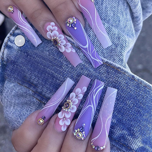 Coffin Press on Nails Long Petal Glue on Nails Swirls Fake Nails Pink & Purple Full Cover Acrylic Nails Matte False Nails with Rhinestones Designs Ombre Stick on Nails for Women 24Pcs