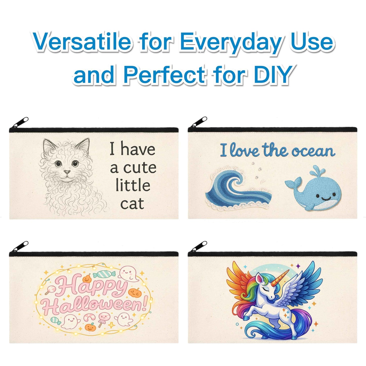 Phicorn Small Canvas Zipper Pouch – 6-Pack (8" x 4.2") Blank Natural Cotton Bags with White Lining for DIY Crafts, Makeup, Travel & Everyday Organizing