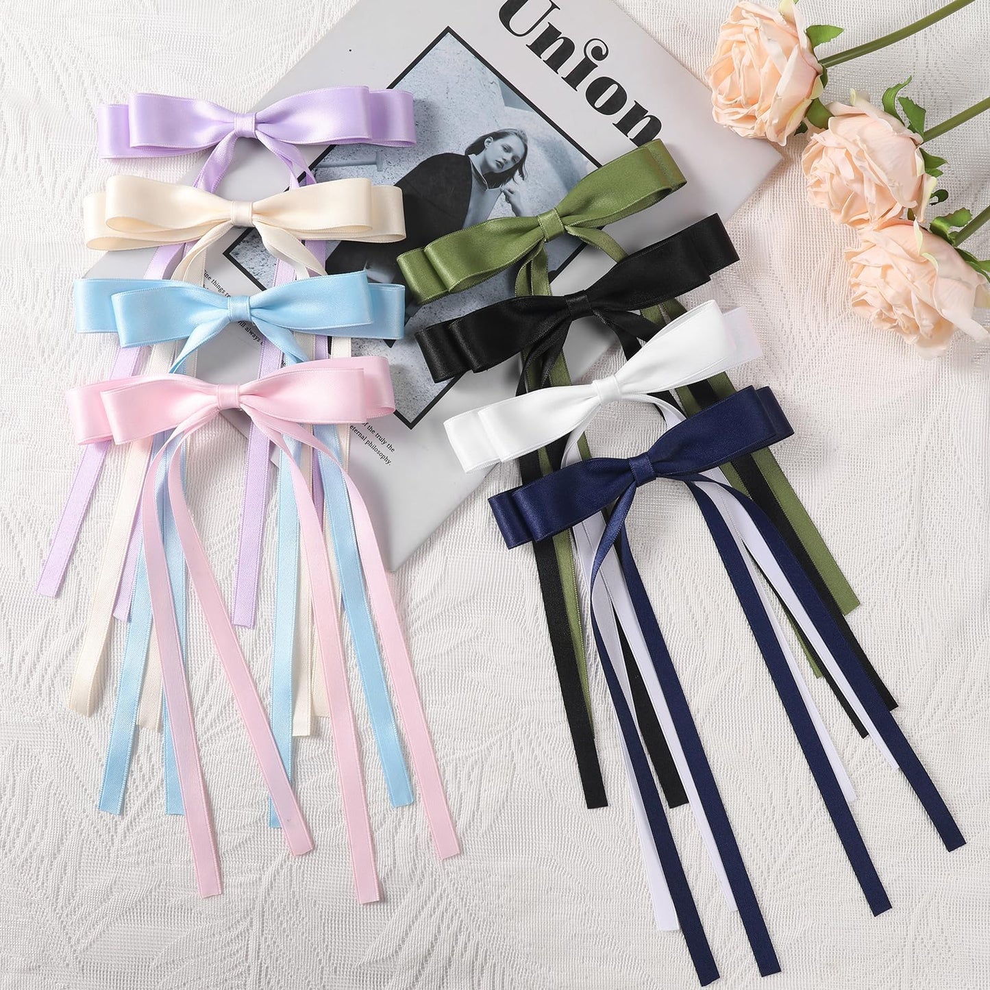 WORTL 10 PCS Satin Hair Accessories: Double Hair Ribbon Ponytail Holders, Metal Hair Clips and Bows for Women and Girls in Black and White