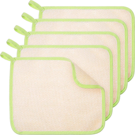 Tatuo 5 Pcs Exfoliating Face and Body Wash Cloths Towel Weave Bath Cloth Exfoliating Scrub Cloth Massage Bath Cloth for Women and Men, 10.63 x 9.05 Inch (Green Edge)