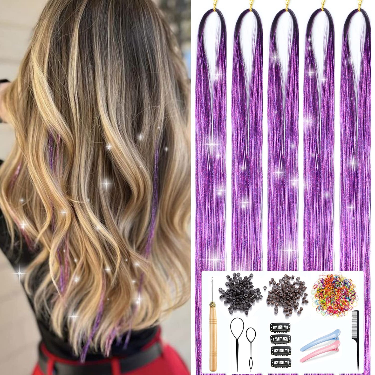 Purple Hair Tinsel Kit With Tools Tinsel Hair Extensions 48 Inches 1200 Strands Fairy Hair Tinsel Heat Resistant Glitter Hair Extensions Sparkling Shiny Hair Tensile for Women Girls Kids (Purple)