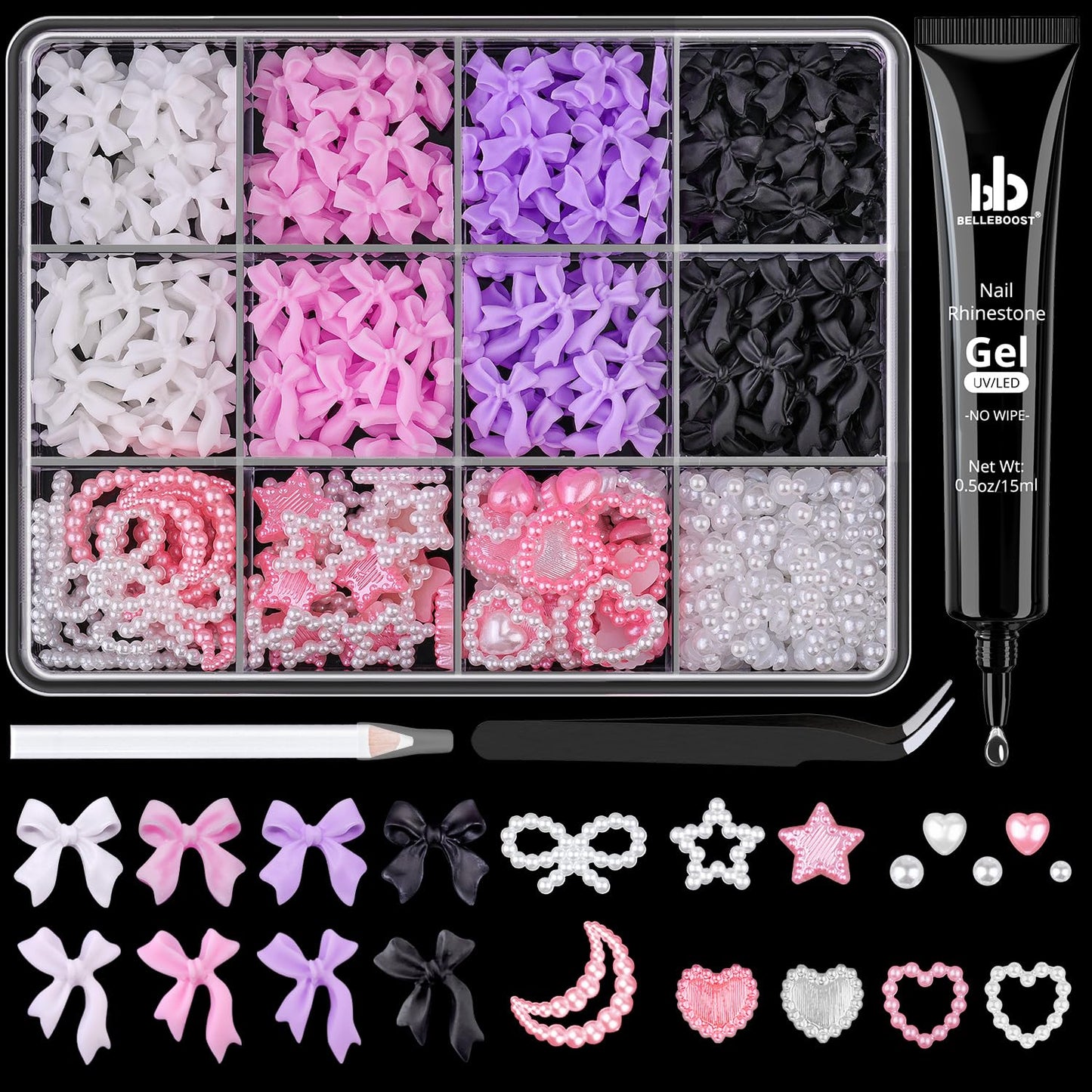 600 Pcs 3D Nail Charms and Flatback Pearls #7, 4 Colors Bow + Pink&White Star Heart Moon Cute Charms + 2-6mm White Pearls for Nail Art Design with Nail Charm Glue(UV Needed) and Pickup Tools