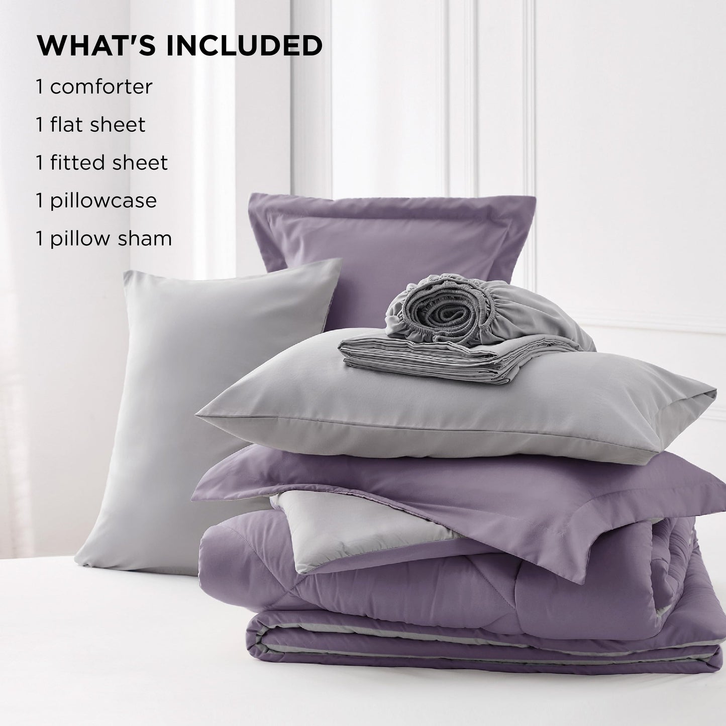 Bedsure Grayish Purple Twin Comforter Set - 5 Pieces Reversible Twin Bed in a Bag, Extra Long Twin Bed Set Grayish Purple and Grey with Comforters, Sheets, Pillowcase & Sham