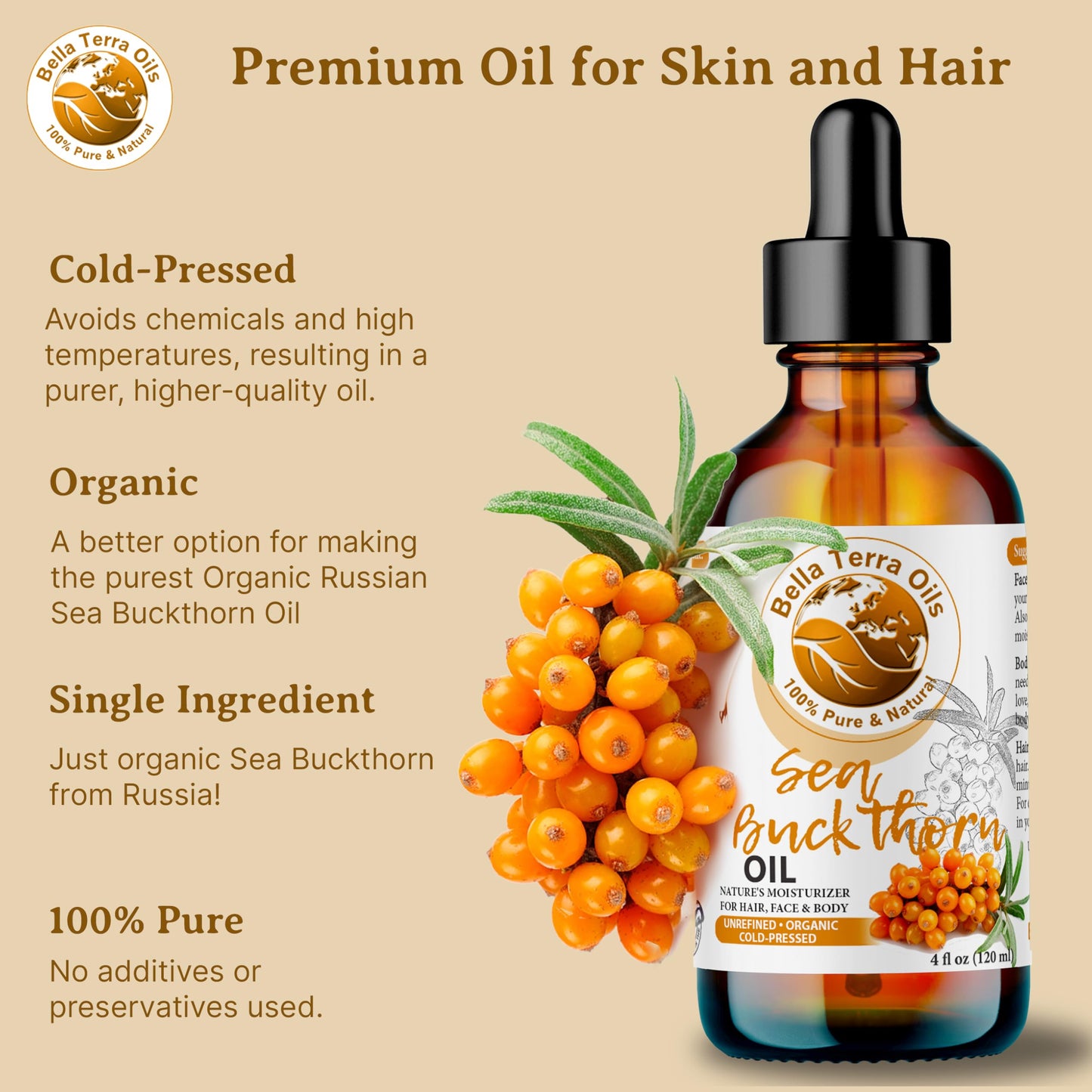 Bella Terra Oils - Organic Sea Buckthorn Oil 8oz - Cold-Pressed Treasure, Bursting with Omega-3 & Omega-6, A Radiant Glow in Every Bottle