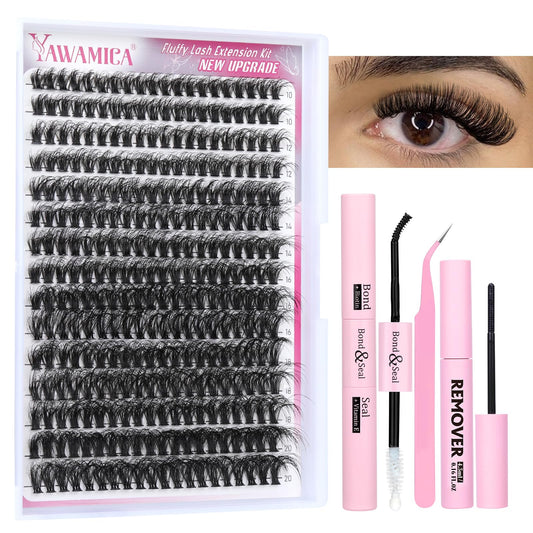 Fluffy Volume Eyelash Extension Kit Mink Lash Clusters 300pcs Individual Lashes Kit 50D Volume 10-20mm Lash Extension Kit with Bond and Seal and Lash Remover and Lash Tools DIY Lash Kit by Yawamica